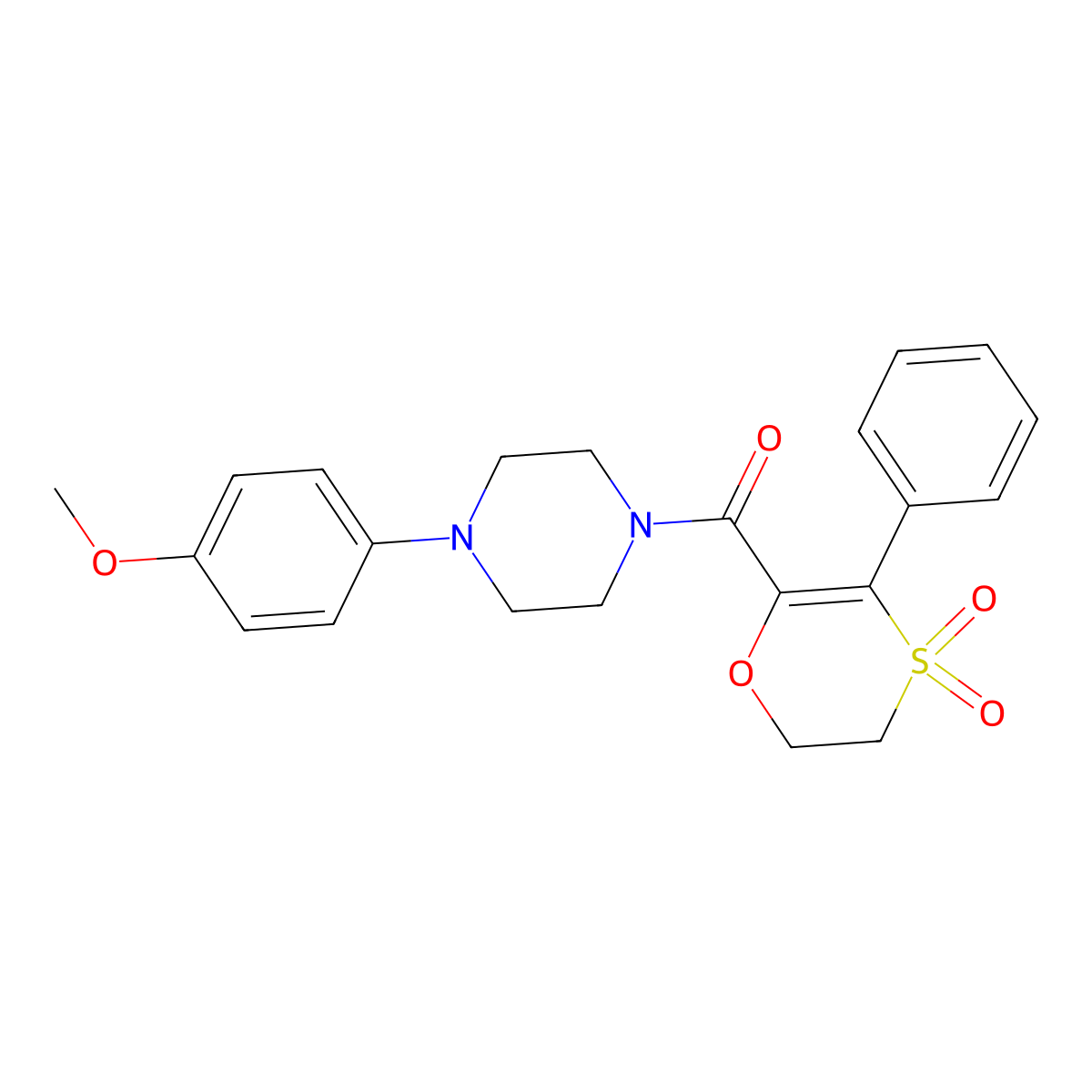 (4,4-Dioxido-3-phenyl-5,6-dihydro-1,4-oxathiin-2-yl)(4-(4-methoxyphenyl)piperazin-1-yl)methanone molecular structure, CAS 1144470-63-2
