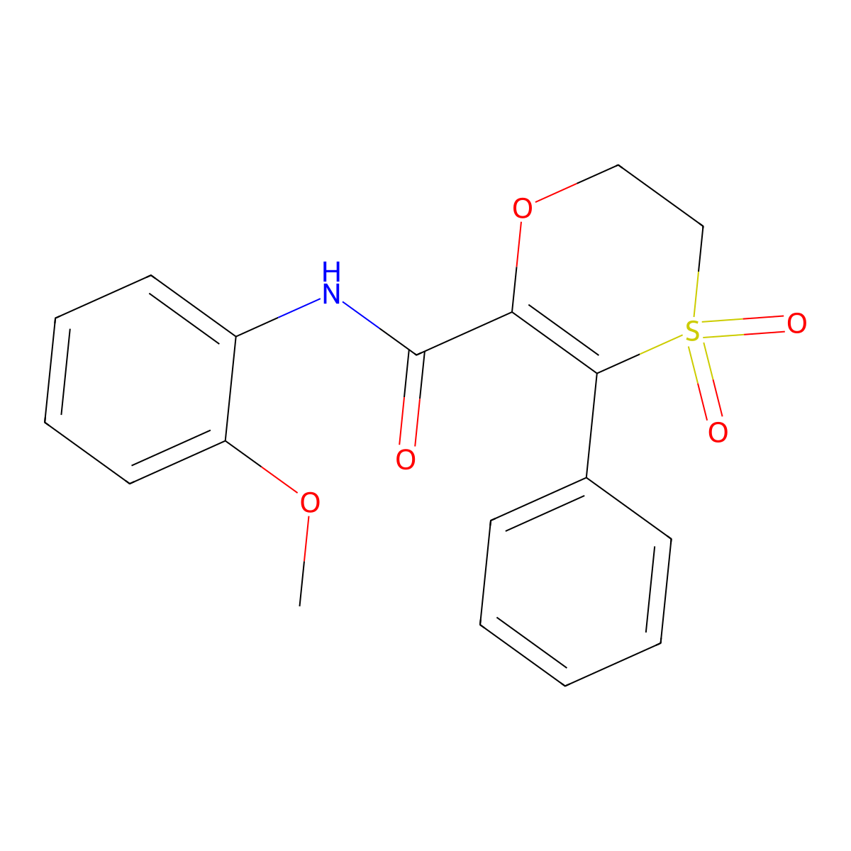 N-(2-methoxyphenyl)-3-phenyl-5,6-dihydro-1,4-oxathiine-2-carboxamide 4,4-dioxide molecular structure, CAS 1144470-76-7
