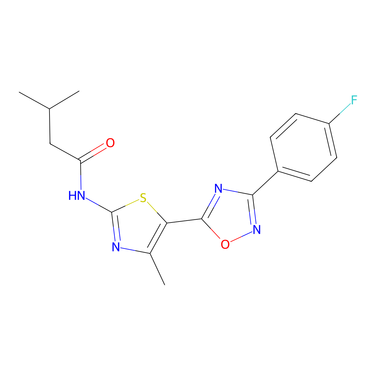 N-[(2Z)-5-[3-(4-fluorophenyl)-1,2,4-oxadiazol-5-yl]-4-methyl-1,3-thiazol-2(3H)-ylidene]-3-methylbutanamide molecular structure, CAS 1144473-52-8