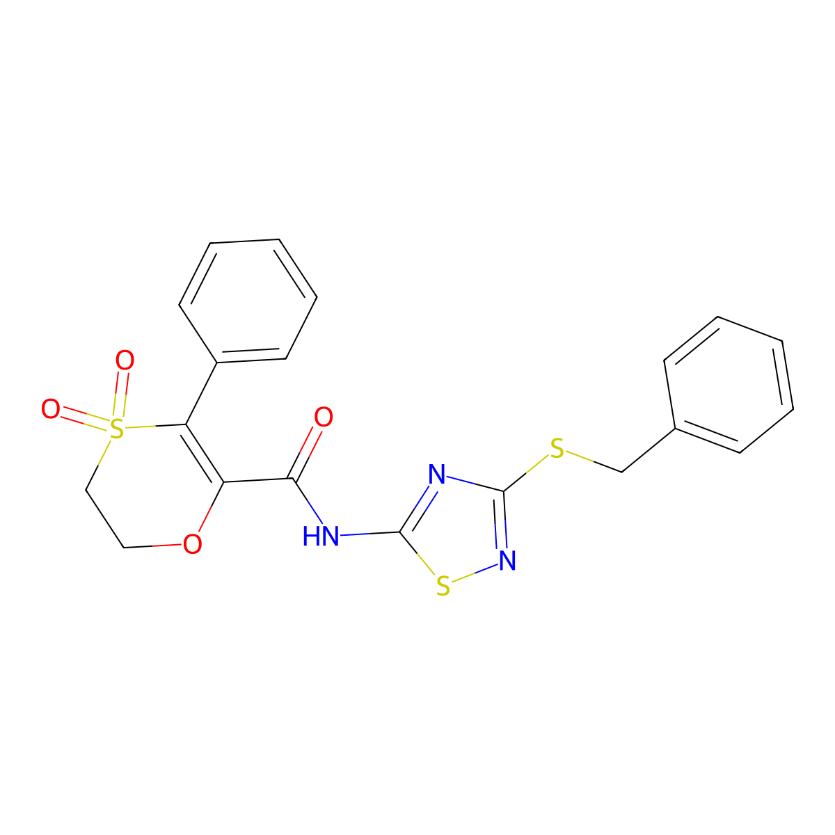 N-[3-(benzylsulfanyl)-1,2,4-thiadiazol-5-yl]-3-phenyl-5,6-dihydro-1,4-oxathiine-2-carboxamide 4,4-dioxide molecular structure, CAS 1144474-22-5