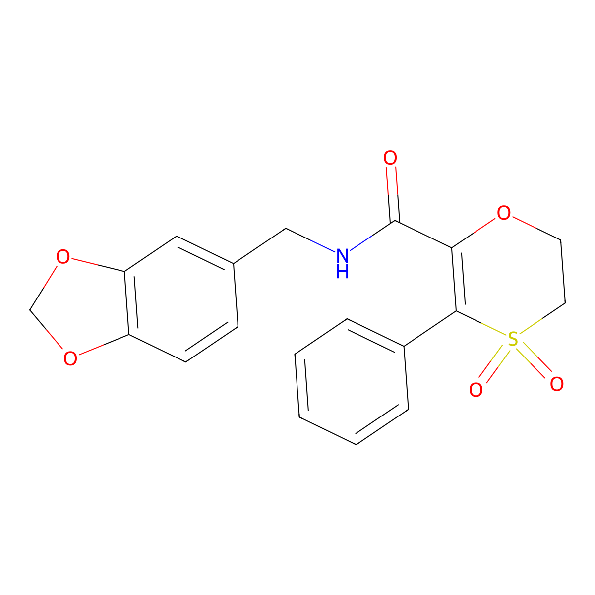 N-(1,3-benzodioxol-5-ylmethyl)-3-phenyl-5,6-dihydro-1,4-oxathiine-2-carboxamide 4,4-dioxide molecular structure, CAS 1144474-65-6