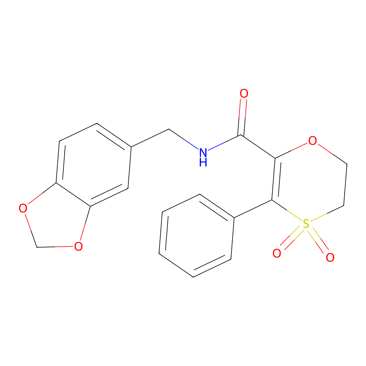 N-(1,3-benzodioxol-5-ylmethyl)-3-phenyl-5,6-dihydro-1,4-oxathiine-2-carboxamide 4,4-dioxide molecular structure, CAS 1144474-65-6