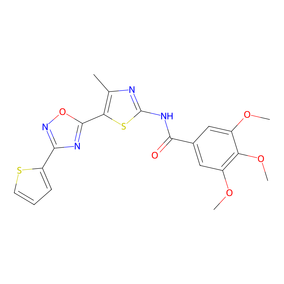 3,4,5-trimethoxy-N-[(2Z)-4-methyl-5-[3-(thiophen-2-yl)-1,2,4-oxadiazol-5-yl]-1,3-thiazol-2(3H)-ylidene]benzamide molecular structure, CAS 1144474-85-0