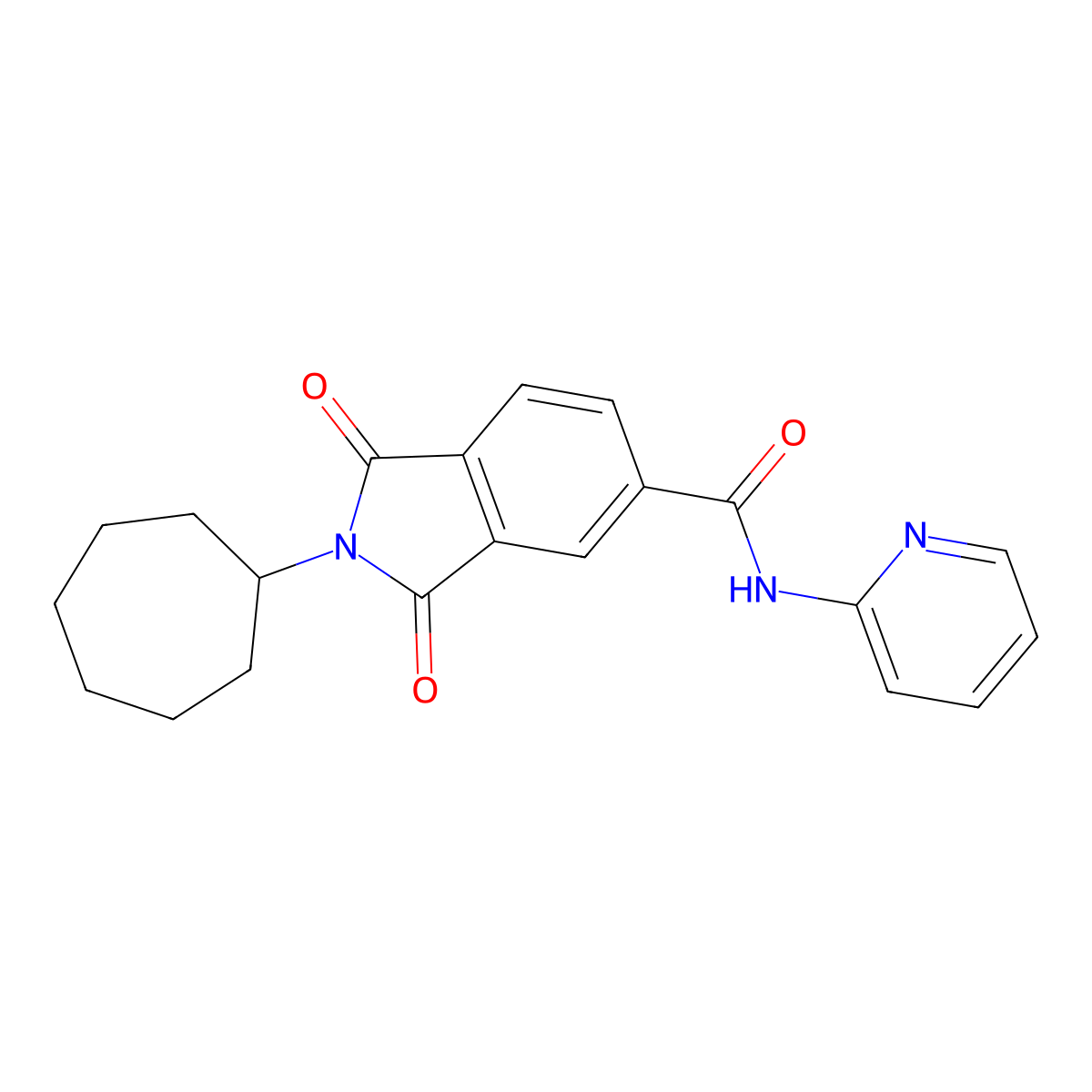 2-cycloheptyl-1,3-dioxo-N-(pyridin-2-yl)-2,3-dihydro-1H-isoindole-5-carboxamide molecular structure, CAS 1144475-48-8