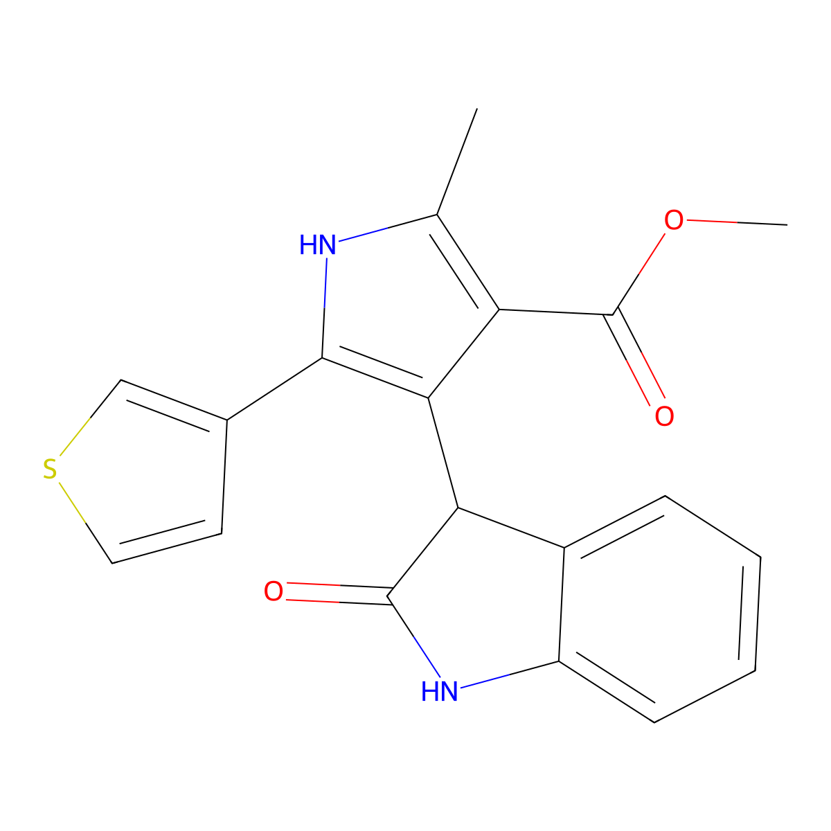 methyl 2-methyl-4-(2-oxo-2,3-dihydro-1H-indol-3-yl)-5-(3-thienyl)-1H-pyrrole-3-carboxylate molecular structure, CAS 1144475-73-9