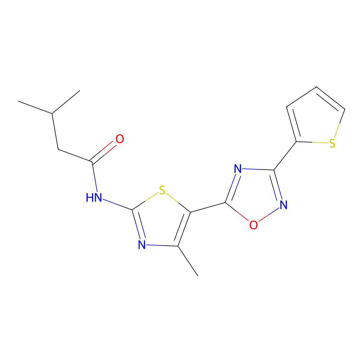 3-methyl-N-[(2Z)-4-methyl-5-[3-(thiophen-2-yl)-1,2,4-oxadiazol-5-yl]-1,3-thiazol-2(3H)-ylidene]butanamide molecular structure, CAS 1144475-75-1