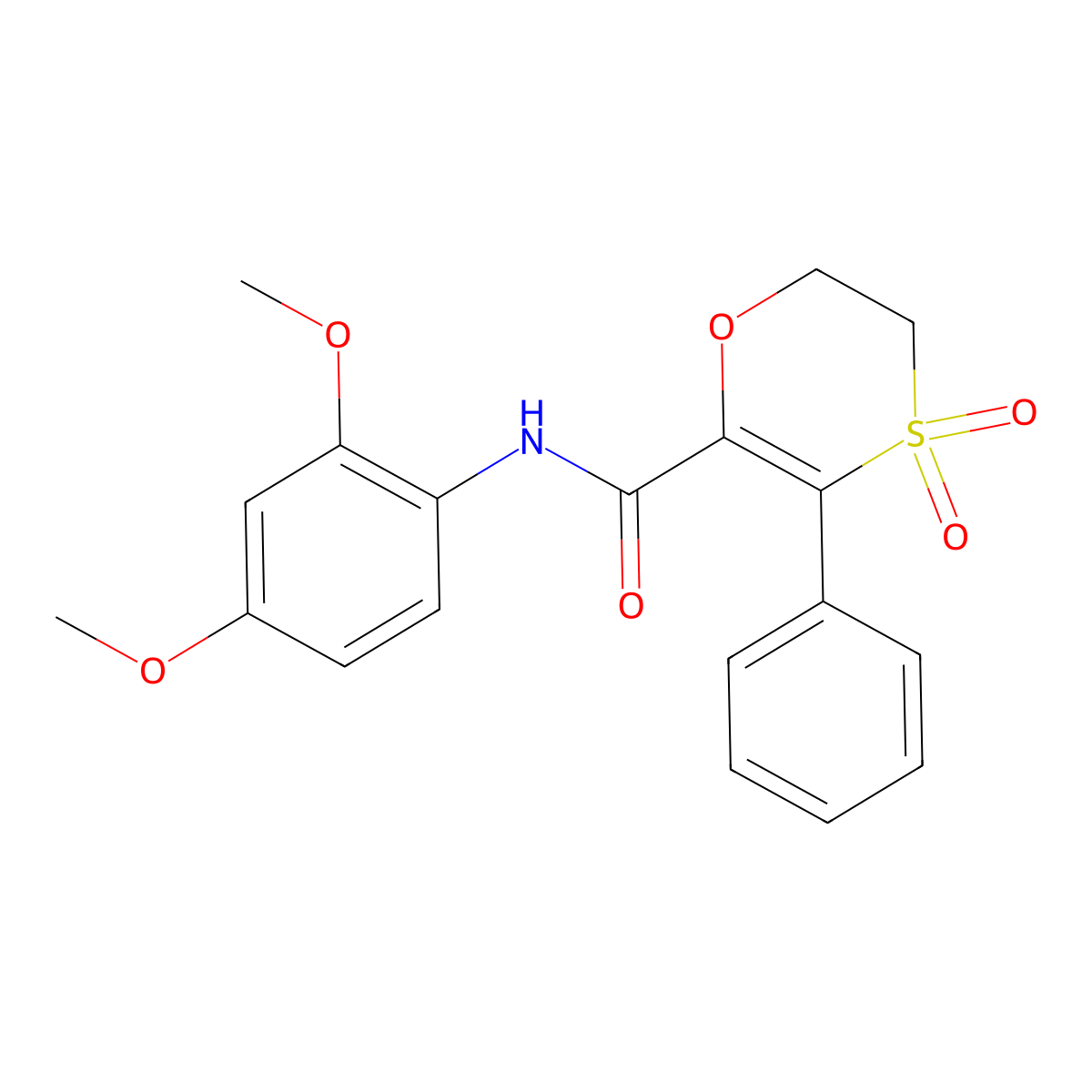 N-(2,4-dimethoxyphenyl)-3-phenyl-5,6-dihydro-1,4-oxathiine-2-carboxamide 4,4-dioxide molecular structure, CAS 1144477-03-1