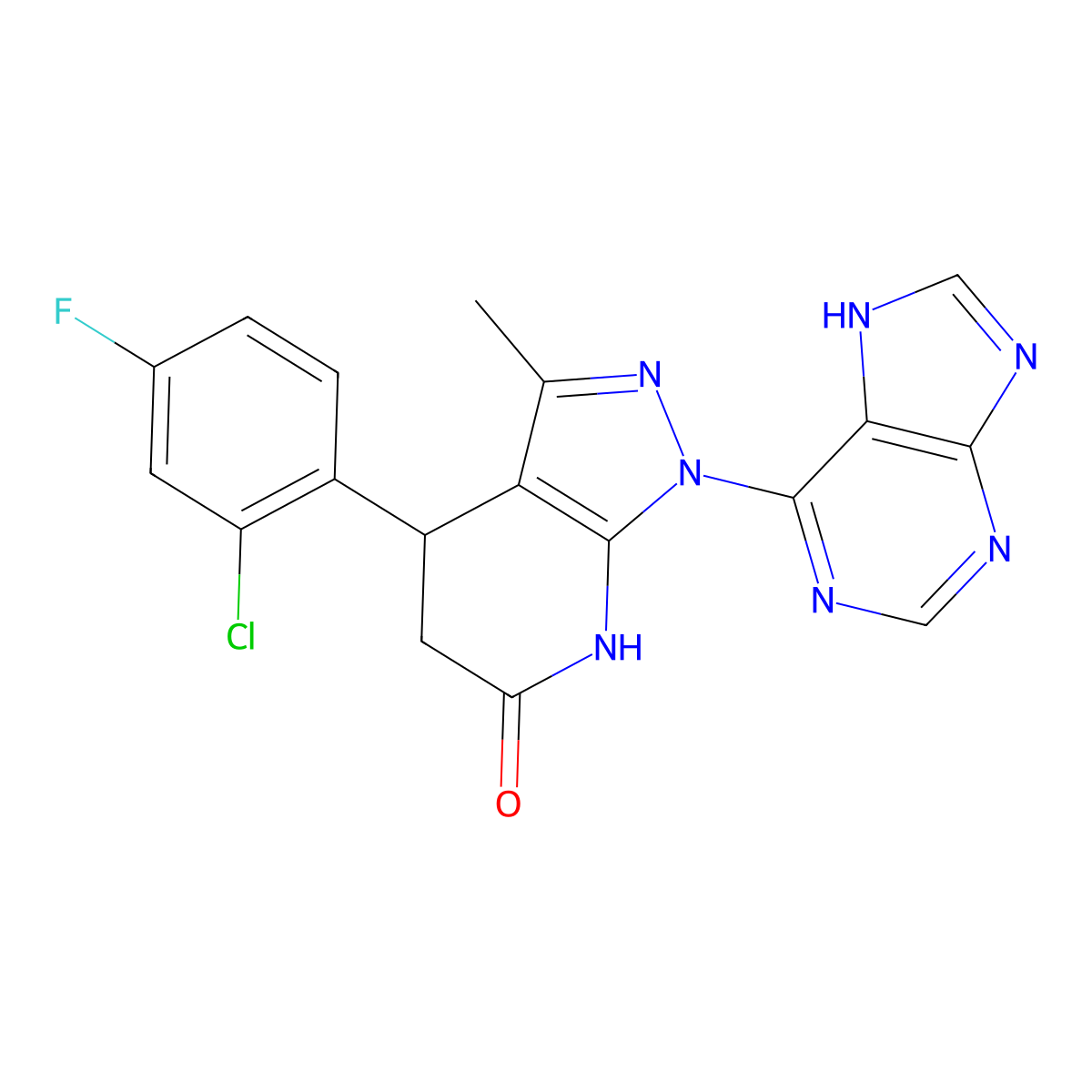4-(2-chloro-4-fluorophenyl)-3-methyl-1-(9H-purin-6-yl)-4,5-dihydro-1H-pyrazolo[3,4-b]pyridin-6-ol molecular structure, CAS 1144477-35-9