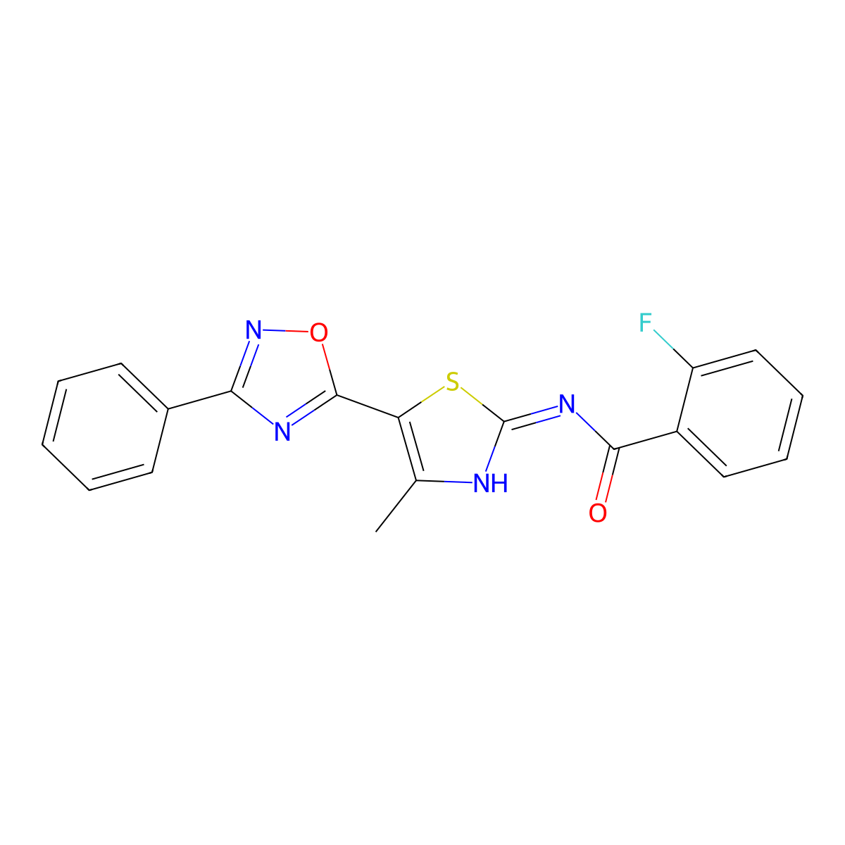 2-fluoro-N-[(2E)-4-methyl-5-(3-phenyl-1,2,4-oxadiazol-5-yl)-1,3-thiazol-2(3H)-ylidene]benzamide molecular structure, CAS 1144477-46-2