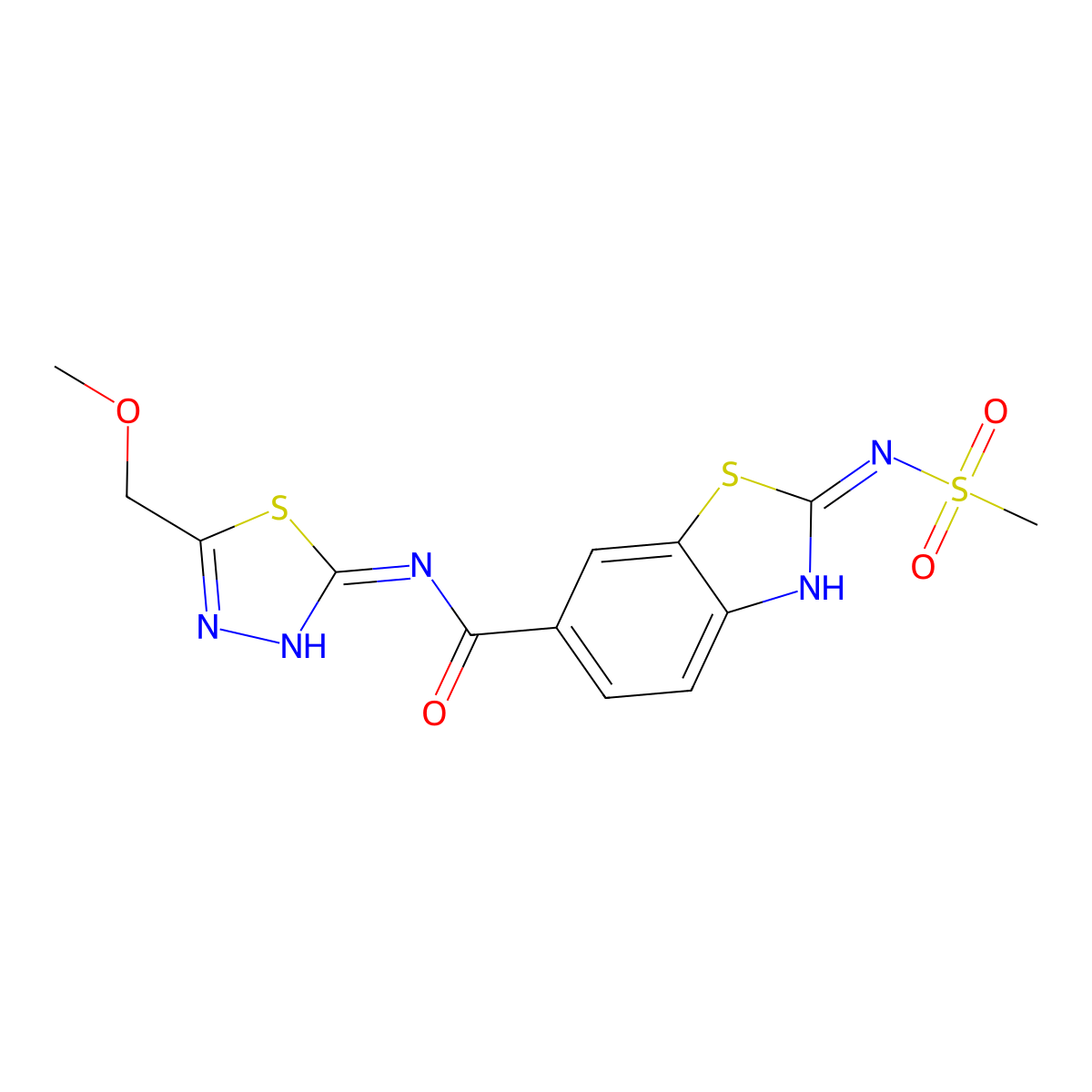(2E)-N-[(2E)-5-(methoxymethyl)-1,3,4-thiadiazol-2(3H)-ylidene]-2-[(methylsulfonyl)imino]-2,3-dihydro-1,3-benzothiazole-6-carboxamide molecular structure, CAS 1144479-82-2