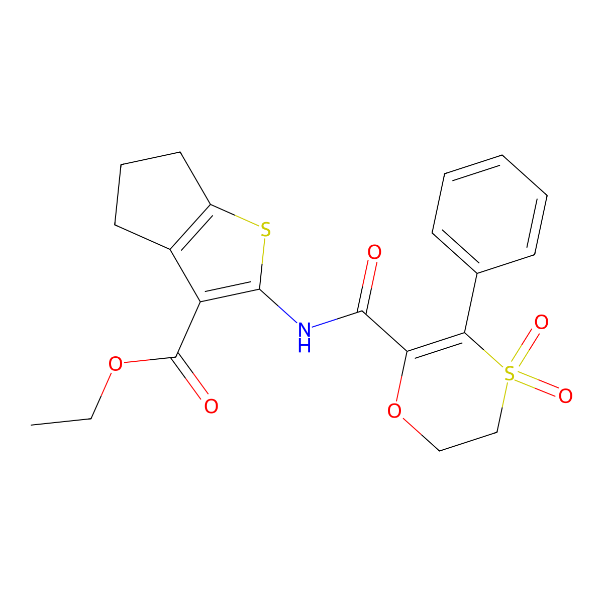ethyl 2-{[(4,4-dioxido-3-phenyl-5,6-dihydro-1,4-oxathiin-2-yl)carbonyl]amino}-5,6-dihydro-4H-cyclopenta[b]thiophene-3-carboxylate molecular structure, CAS 1144479-87-7