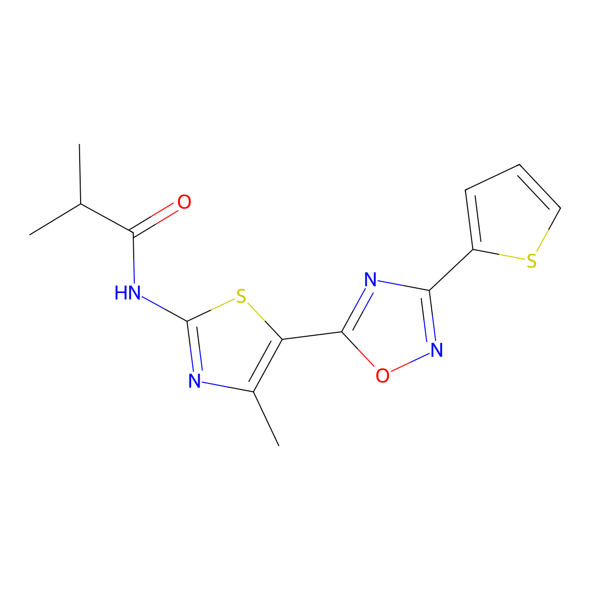 2-methyl-N-[(2Z)-4-methyl-5-[3-(thiophen-2-yl)-1,2,4-oxadiazol-5-yl]-1,3-thiazol-2(3H)-ylidene]propanamide molecular structure, CAS 1144480-00-1