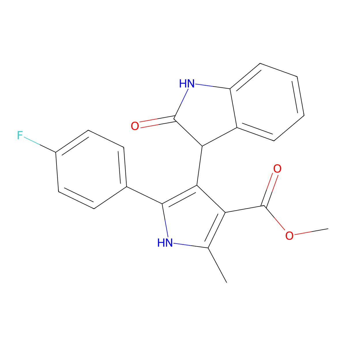 methyl 5-(4-fluorophenyl)-2-methyl-4-(2-oxo-2,3-dihydro-1H-indol-3-yl)-1H-pyrrole-3-carboxylate molecular structure, CAS 1144480-03-4