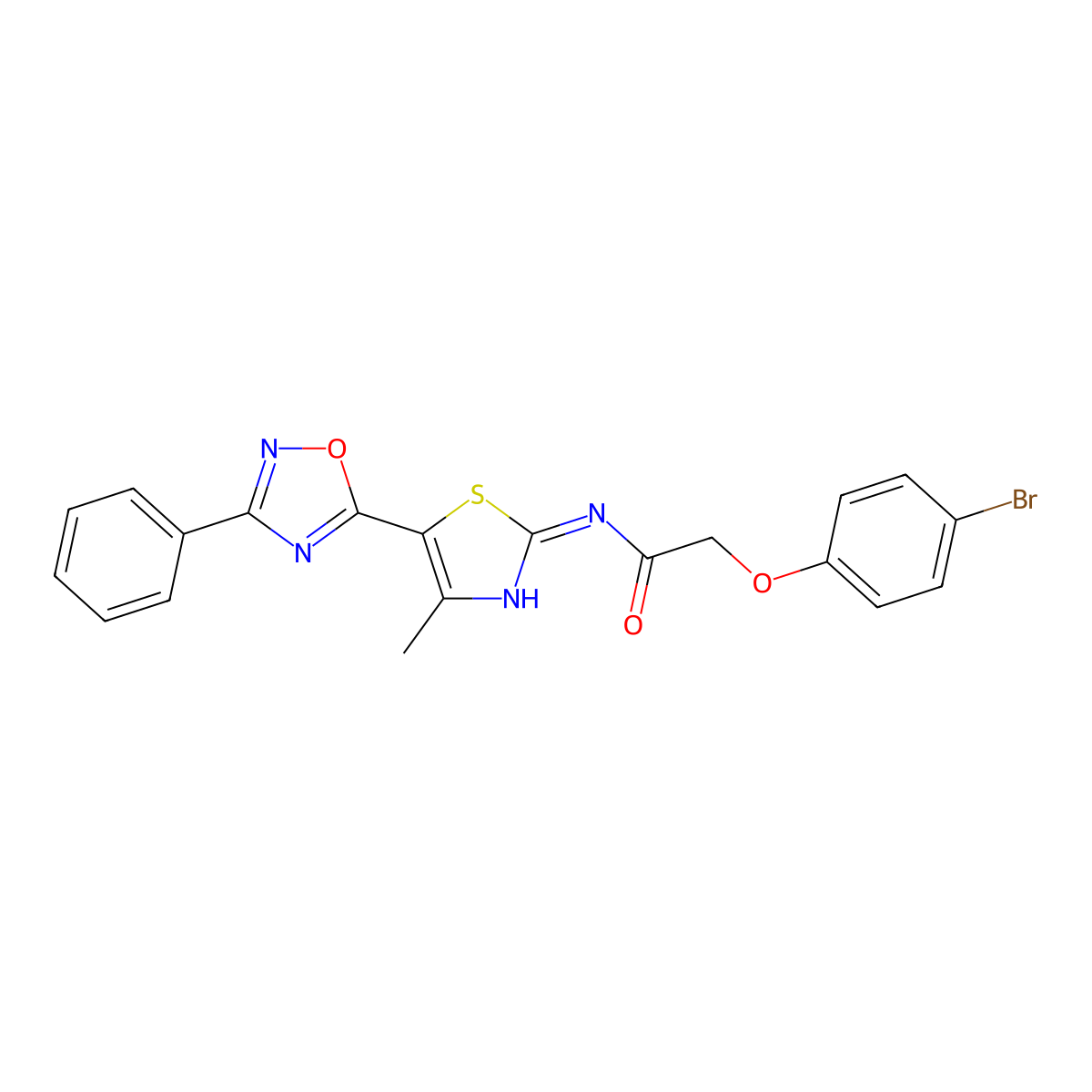 2-(4-bromophenoxy)-N-[(2E)-4-methyl-5-(3-phenyl-1,2,4-oxadiazol-5-yl)-1,3-thiazol-2(3H)-ylidene]acetamide molecular structure, CAS 1144480-30-7