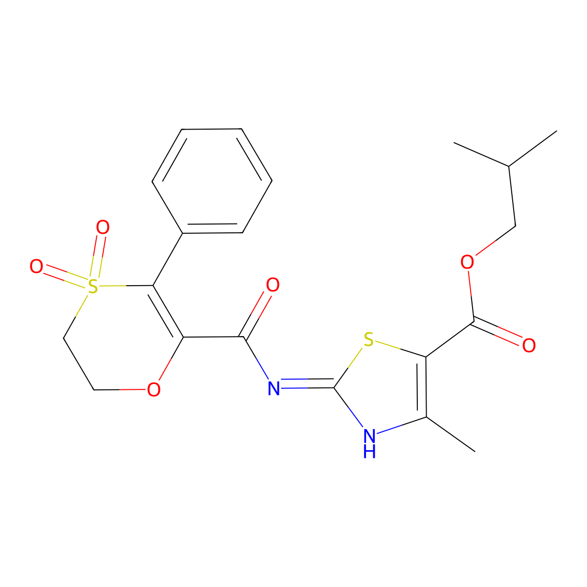 2-Methylpropyl 2-{[(4,4-dioxido-3-phenyl-5,6-dihydro-1,4-oxathiin-2-yl)carbonyl]amino}-4-methyl-1,3-thiazole-5-carboxylate molecular structure, CAS 1144480-38-5