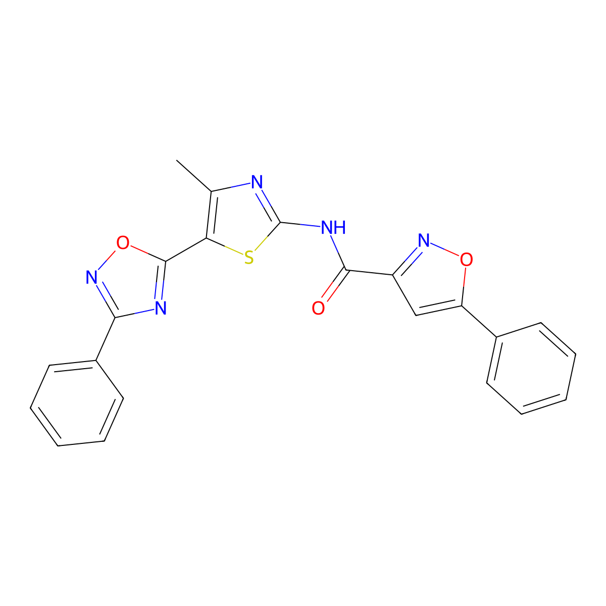 N-[(2E)-4-methyl-5-(3-phenyl-1,2,4-oxadiazol-5-yl)-1,3-thiazol-2(3H)-ylidene]-5-phenyl-1,2-oxazole-3-carboxamide molecular structure, CAS 1144480-40-9