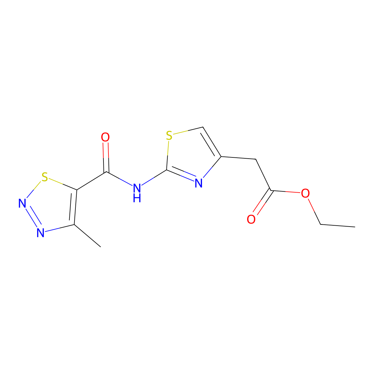 Ethyl (2-{[(4-methyl-1,2,3-thiadiazol-5-yl)carbonyl]amino}-1,3-thiazol-4-yl)acetate molecular structure, CAS 1144481-52-6