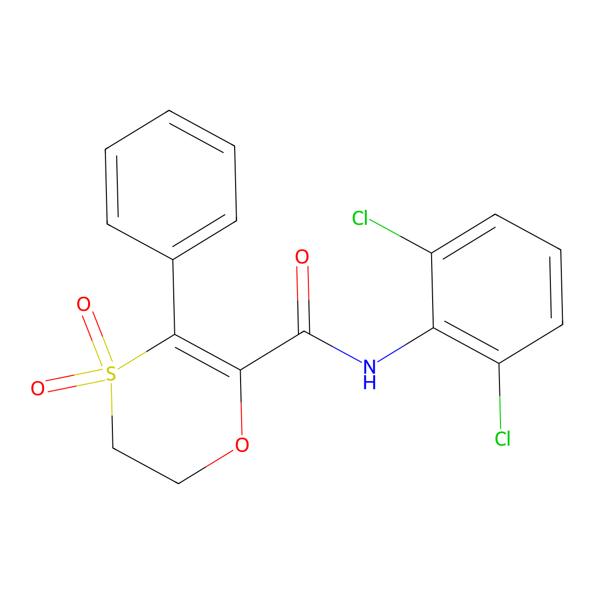 N-(2,6-dichlorophenyl)-3-phenyl-5,6-dihydro-1,4-oxathiine-2-carboxamide 4,4-dioxide molecular structure, CAS 1144481-92-4