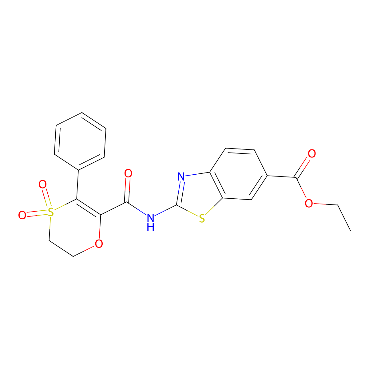Ethyl 2-{[(4,4-dioxido-3-phenyl-5,6-dihydro-1,4-oxathiin-2-yl)carbonyl]amino}-1,3-benzothiazole-6-carboxylate molecular structure, CAS 1144482-23-4