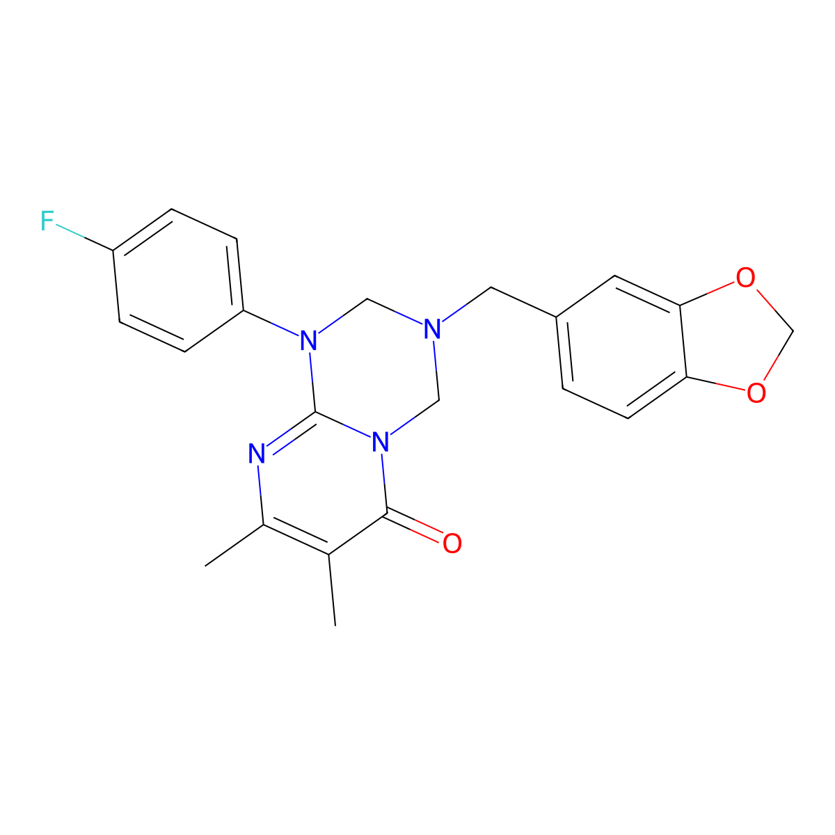3-(1,3-benzodioxol-5-ylmethyl)-1-(4-fluorophenyl)-7,8-dimethyl-1,2,3,4-tetrahydro-6H-pyrimido[1,2-a][1,3,5]triazin-6-one molecular structure, CAS 1144482-47-2