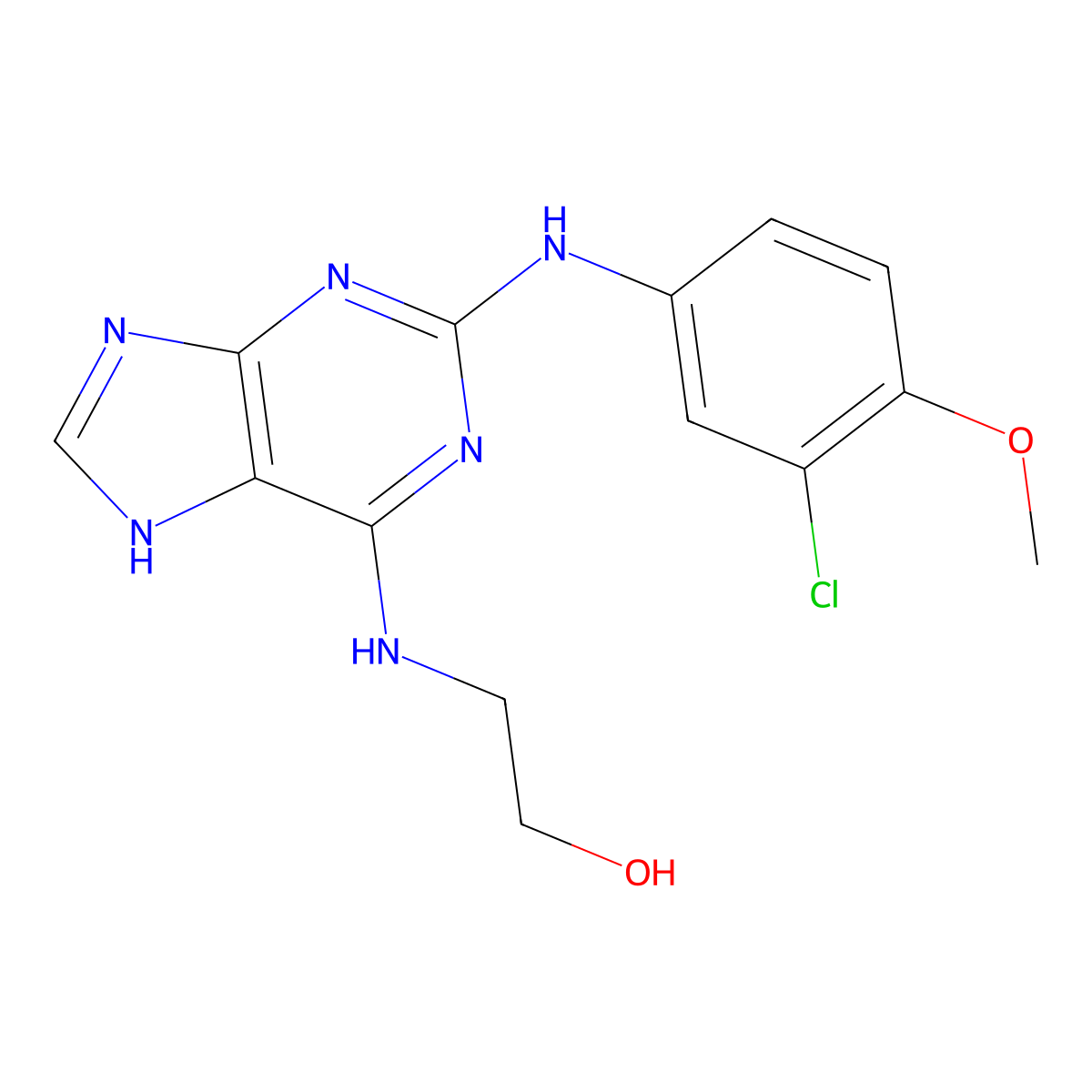 2-((2-((3-chloro-4-methoxyphenyl)amino)-9H-purin-6-yl)amino)ethanol molecular structure, CAS 1144482-62-1