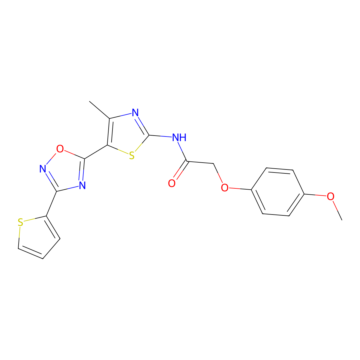 2-(4-methoxyphenoxy)-N-[(2E)-4-methyl-5-[3-(thiophen-2-yl)-1,2,4-oxadiazol-5-yl]-1,3-thiazol-2(3H)-ylidene]acetamide molecular structure, CAS 1144484-42-3