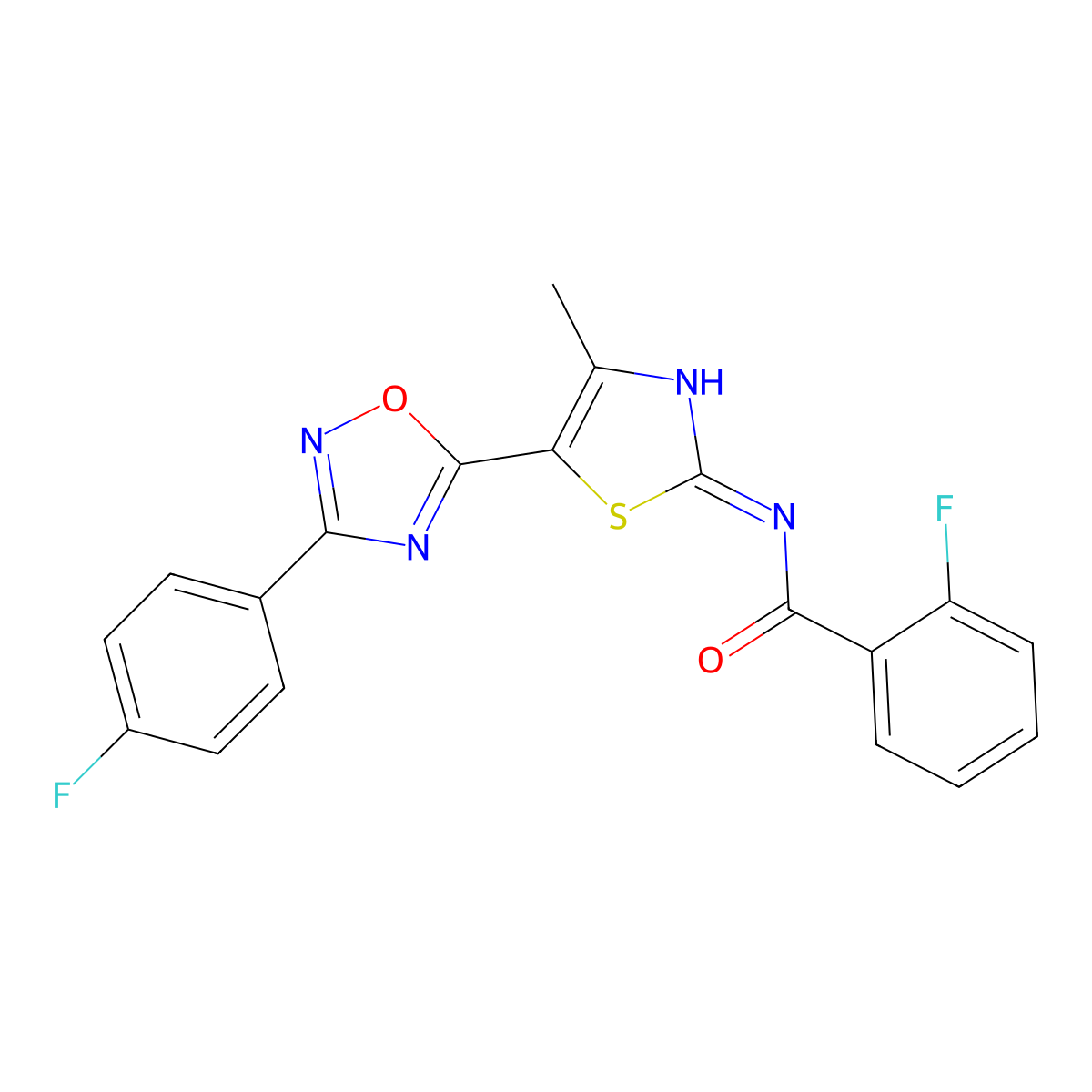2-fluoro-N-[(2Z)-5-[3-(4-fluorophenyl)-1,2,4-oxadiazol-5-yl]-4-methyl-1,3-thiazol-2(3H)-ylidene]benzamide molecular structure, CAS 1144484-75-2