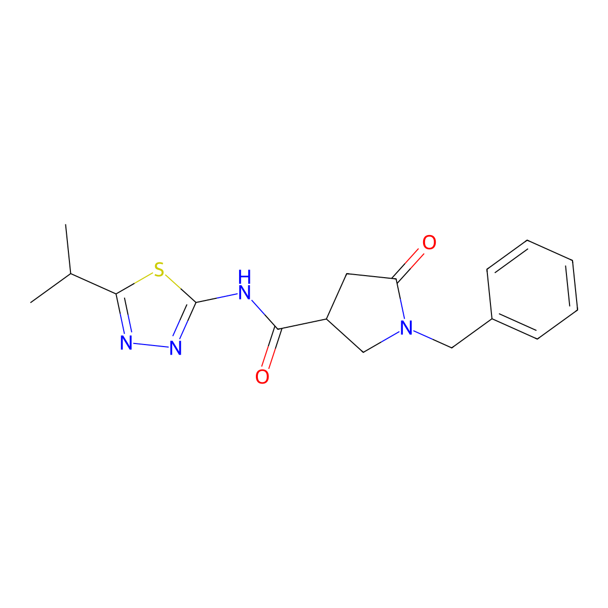 1-benzyl-5-oxo-N-[(2E)-5-(propan-2-yl)-1,3,4-thiadiazol-2(3H)-ylidene]pyrrolidine-3-carboxamide molecular structure, CAS 1144486-31-6