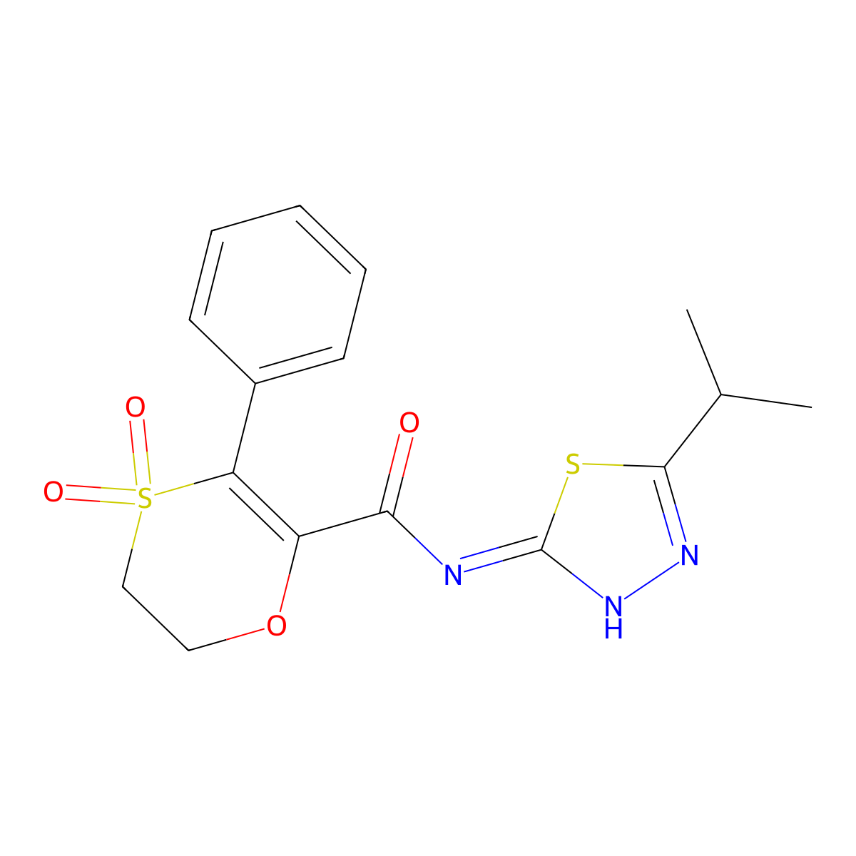 3-phenyl-N-[(2Z)-5-(propan-2-yl)-1,3,4-thiadiazol-2(3H)-ylidene]-5,6-dihydro-1,4-oxathiine-2-carboxamide 4,4-dioxide molecular structure, CAS 1144486-55-4