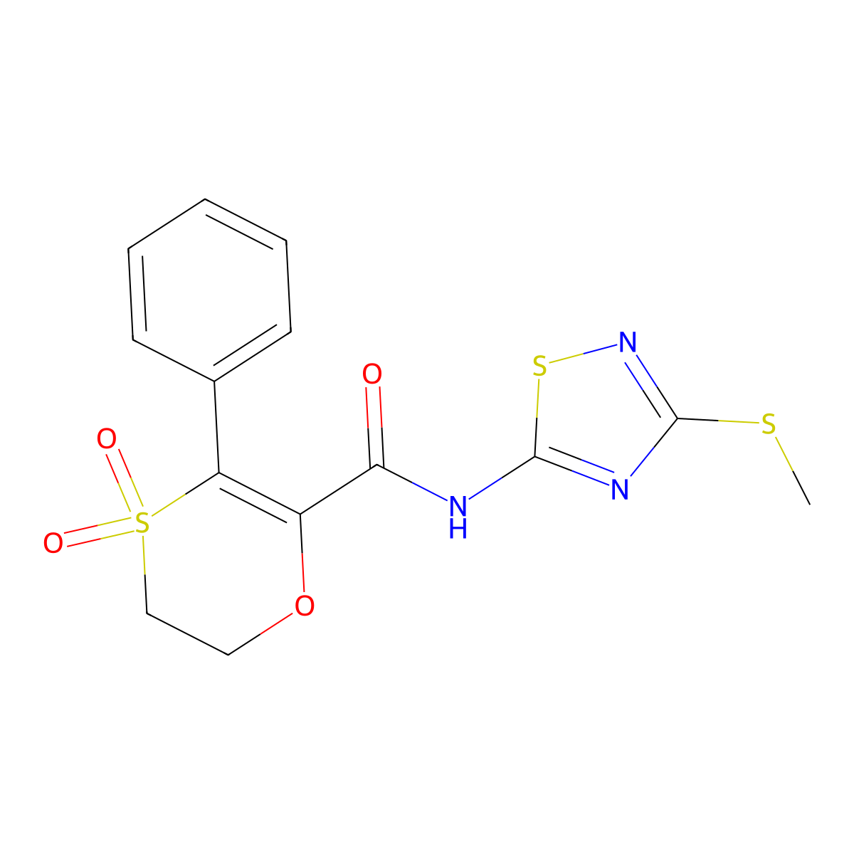N-[3-(methylsulfanyl)-1,2,4-thiadiazol-5-yl]-3-phenyl-5,6-dihydro-1,4-oxathiine-2-carboxamide 4,4-dioxide molecular structure, CAS 1144487-59-1