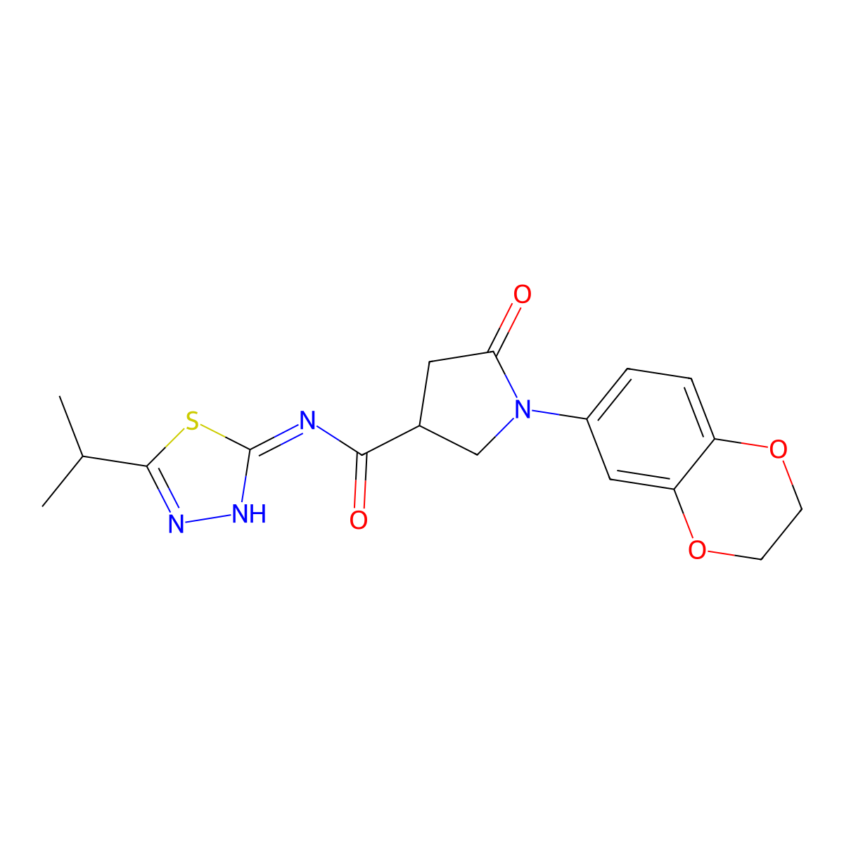 1-(2,3-dihydro-1,4-benzodioxin-6-yl)-5-oxo-N-[(2E)-5-(propan-2-yl)-1,3,4-thiadiazol-2(3H)-ylidene]pyrrolidine-3-carboxamide molecular structure, CAS 1144487-74-0