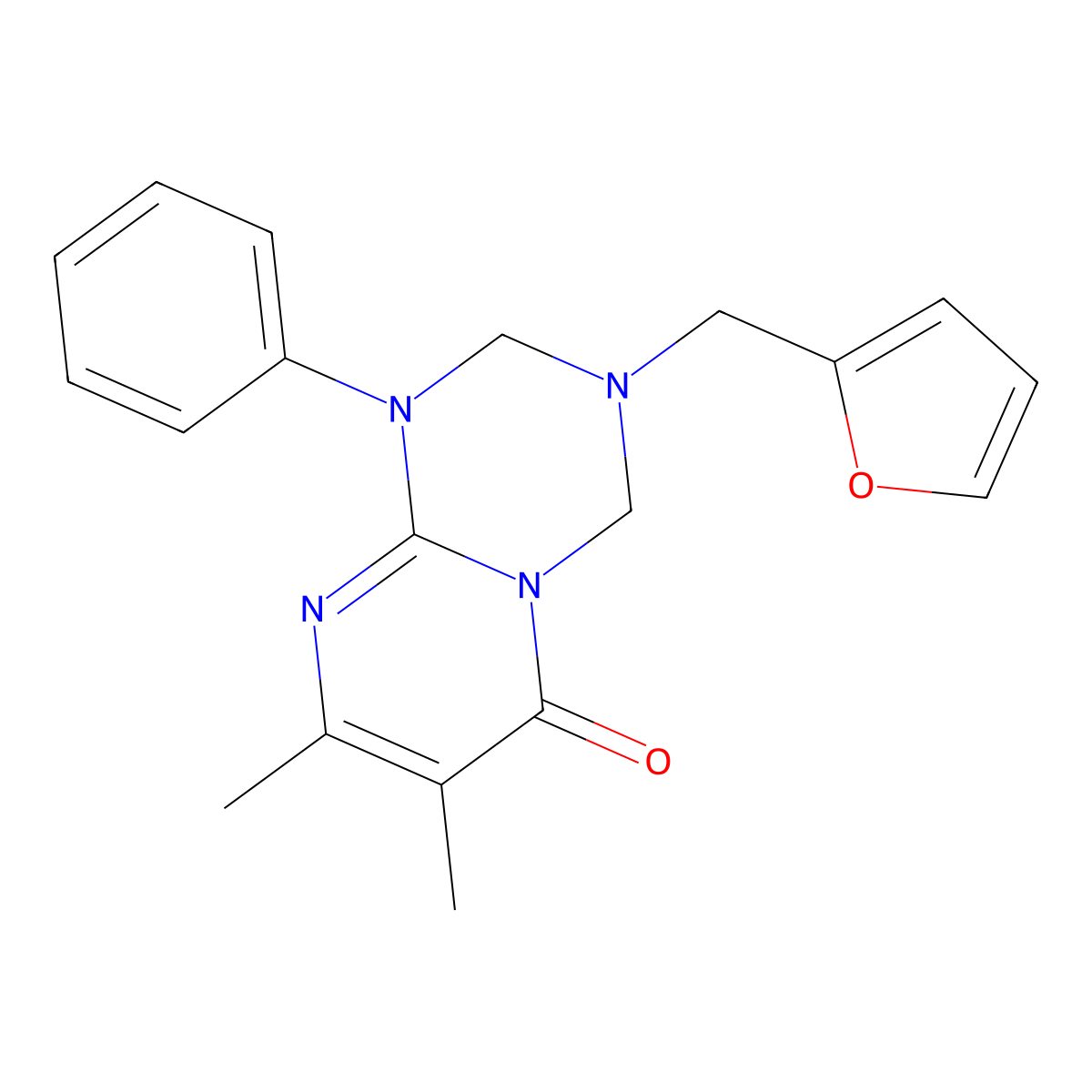 3-(furan-2-ylmethyl)-7,8-dimethyl-1-phenyl-1,2,3,4-tetrahydro-6H-pyrimido[1,2-a][1,3,5]triazin-6-one molecular structure, CAS 1144487-97-7