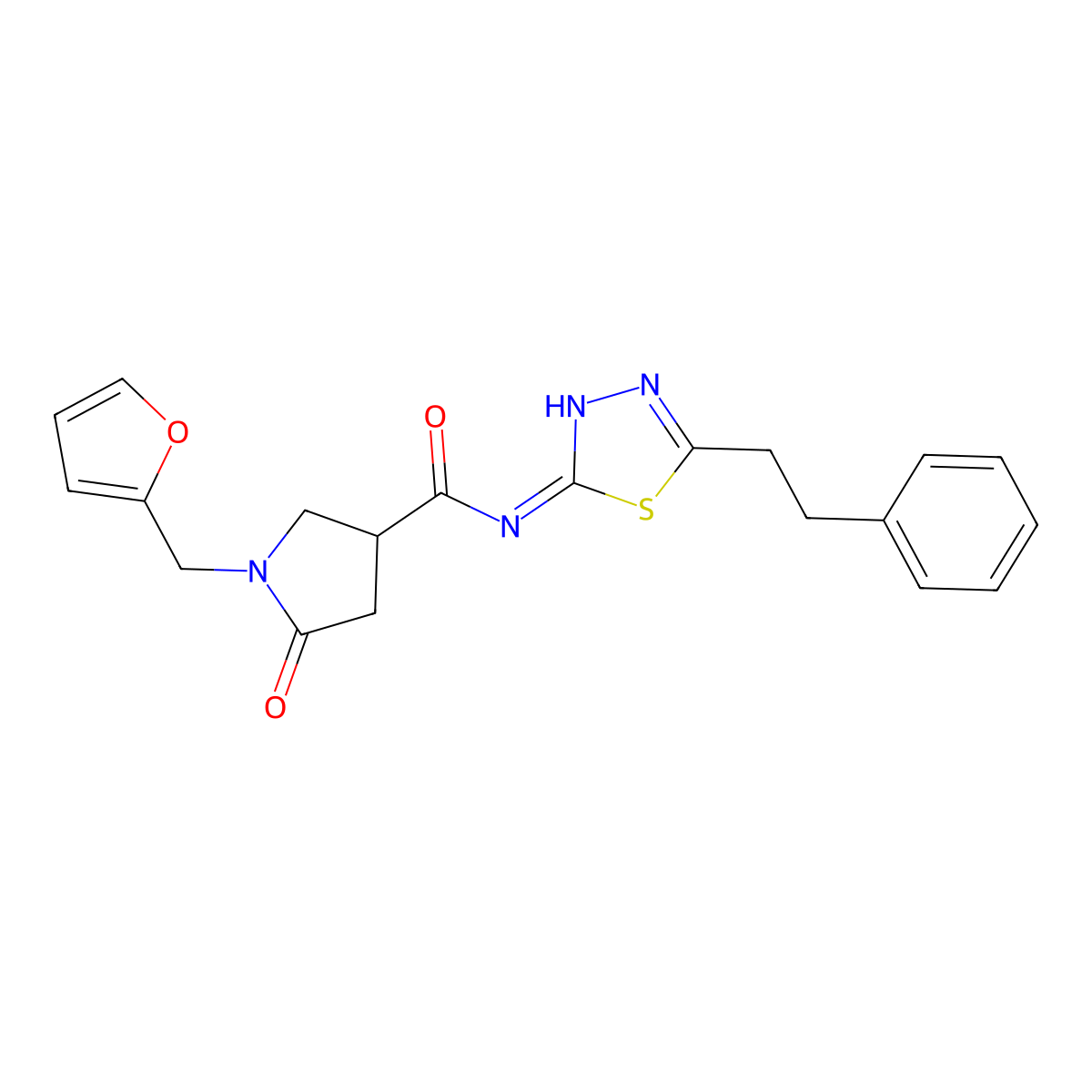 1-(furan-2-ylmethyl)-5-oxo-N-[(2E)-5-(2-phenylethyl)-1,3,4-thiadiazol-2(3H)-ylidene]pyrrolidine-3-carboxamide molecular structure, CAS 1144488-26-5