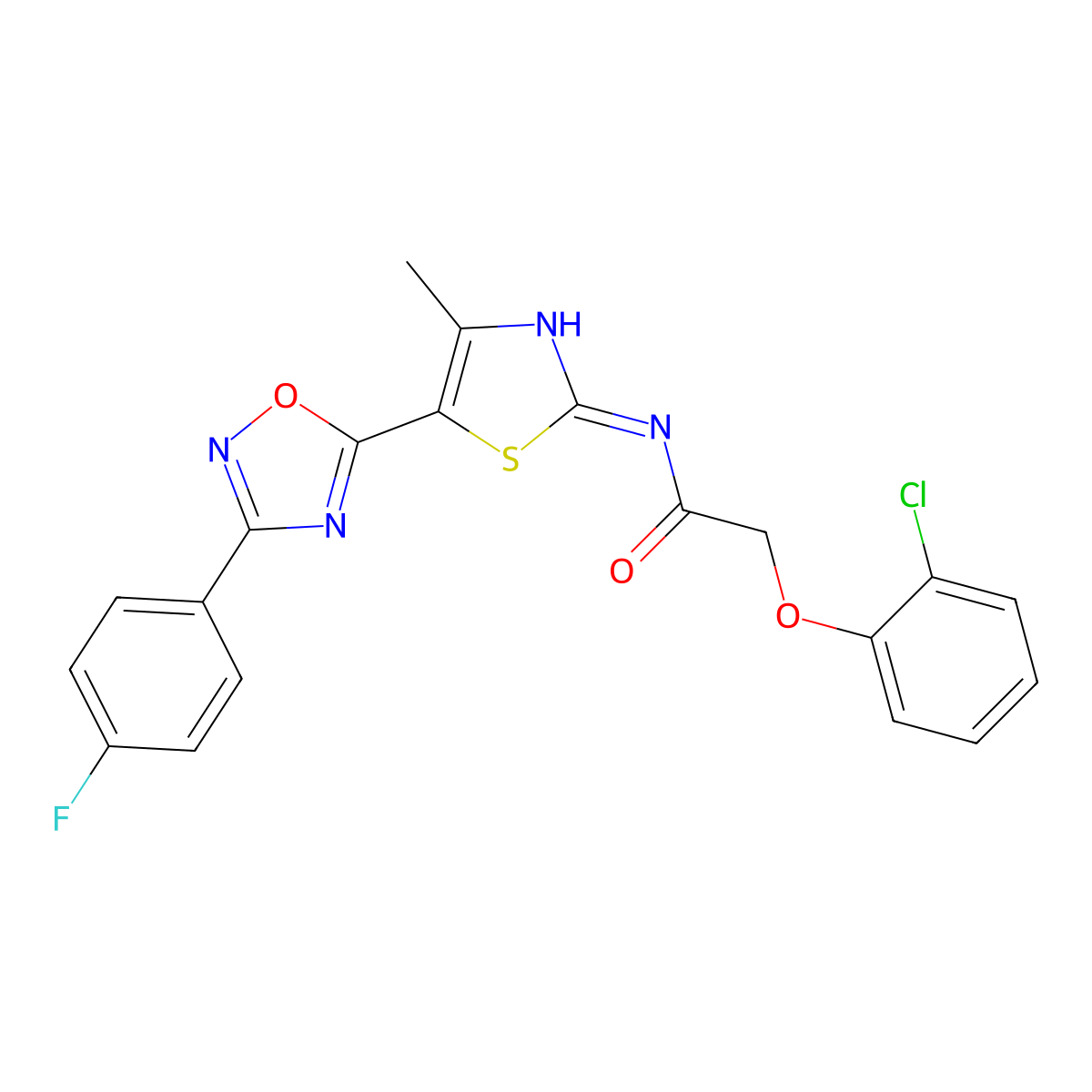 2-(2-chlorophenoxy)-N-[(2Z)-5-[3-(4-fluorophenyl)-1,2,4-oxadiazol-5-yl]-4-methyl-1,3-thiazol-2(3H)-ylidene]acetamide molecular structure, CAS 1144488-51-6