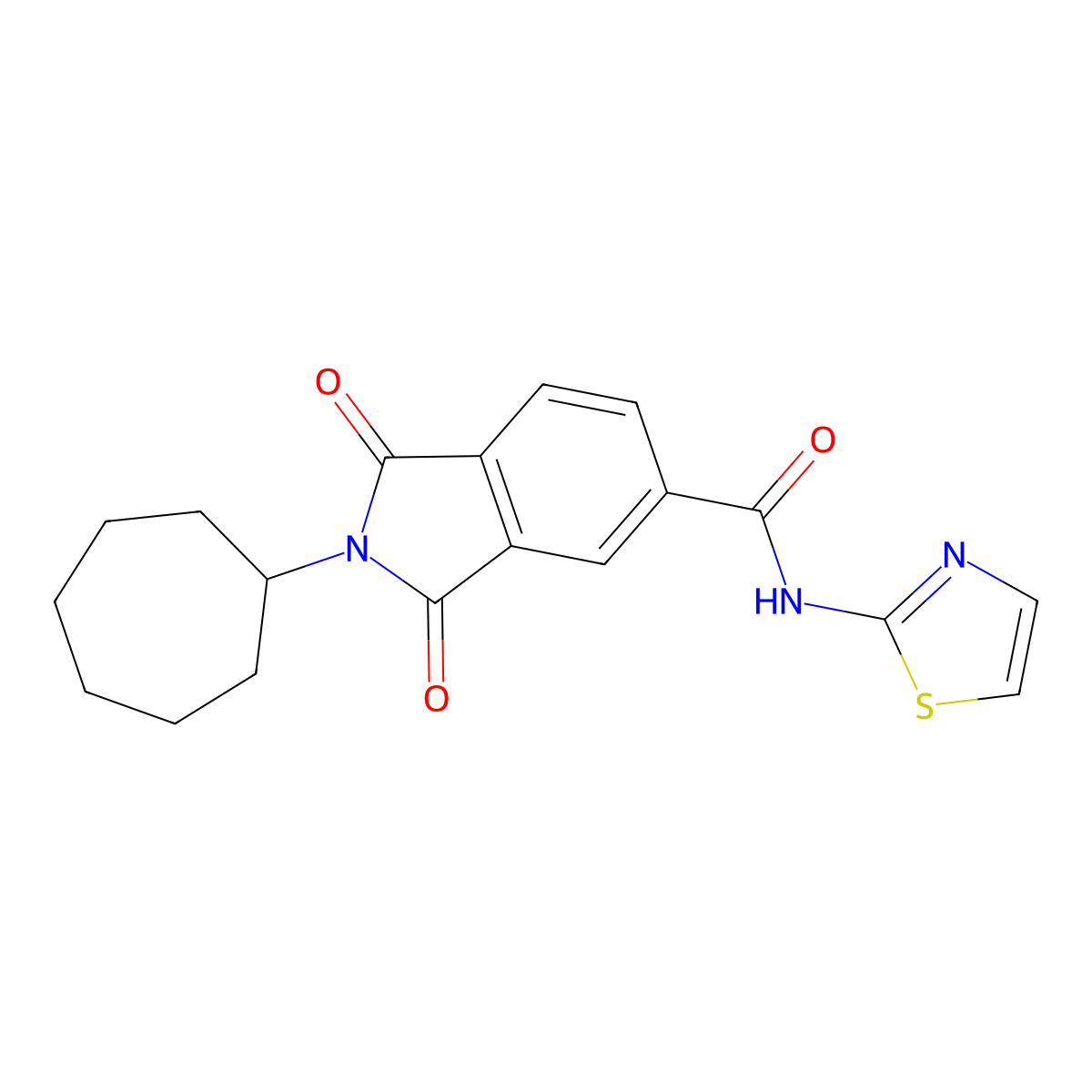 2-cycloheptyl-1,3-dioxo-N-(1,3-thiazol-2-yl)-2,3-dihydro-1H-isoindole-5-carboxamide molecular structure, CAS 1144488-86-7