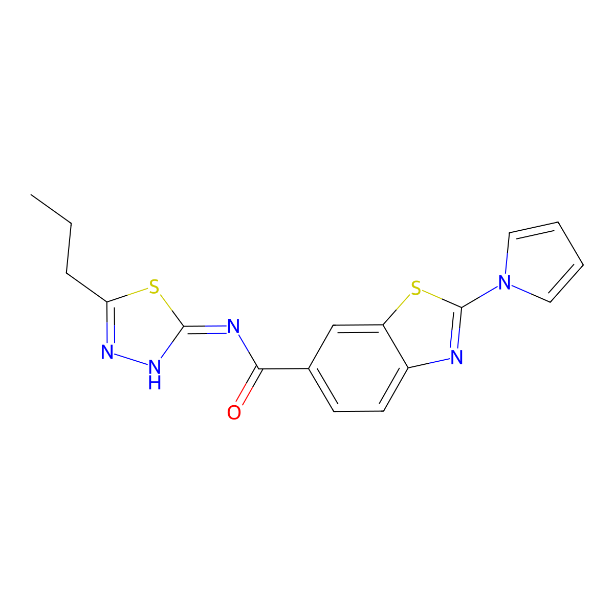 N-[(2E)-5-propyl-1,3,4-thiadiazol-2(3H)-ylidene]-2-(1H-pyrrol-1-yl)-1,3-benzothiazole-6-carboxamide molecular structure, CAS 1144489-60-0
