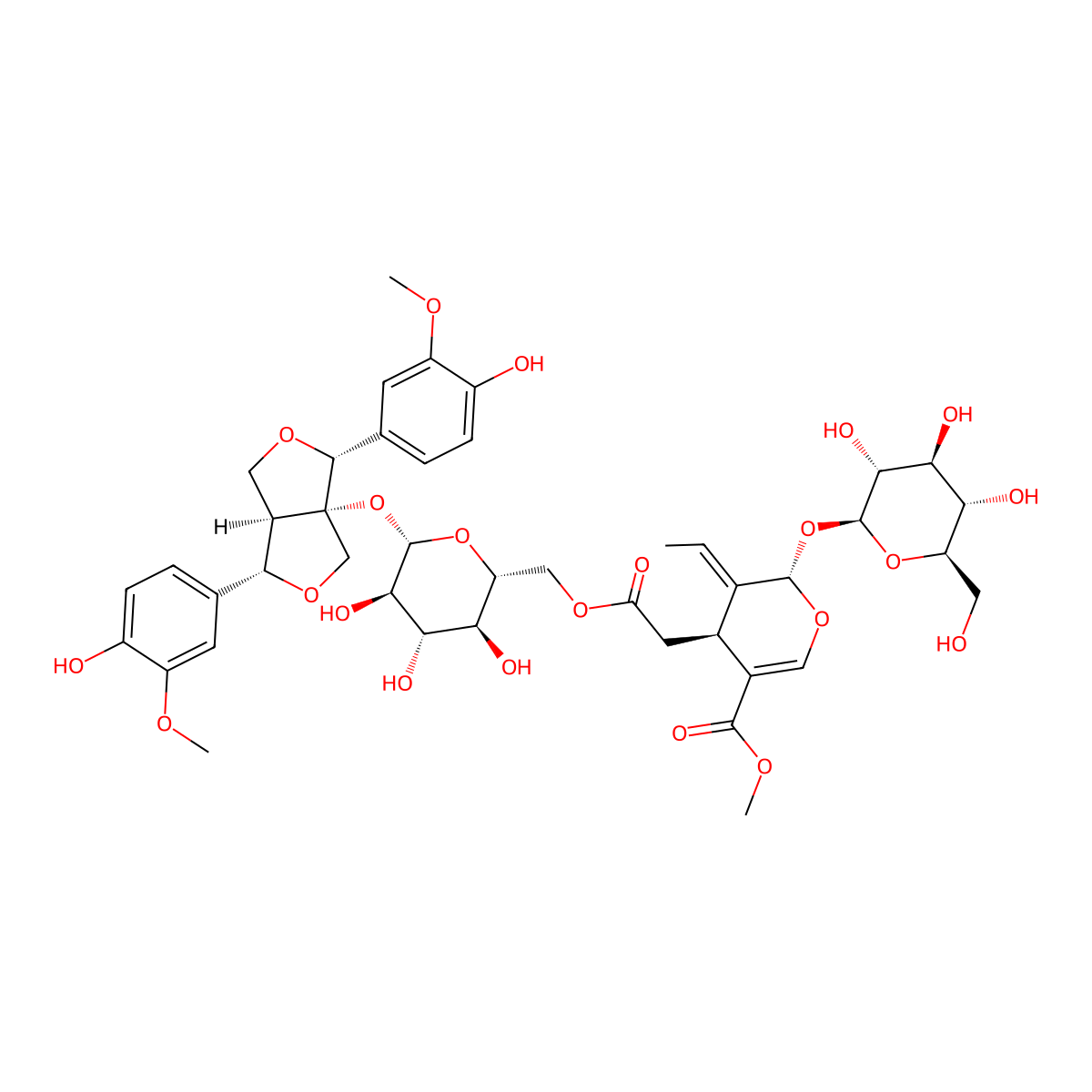 methyl (4S,5E,6S)-4-[2-[[(2R,3S,4S,5R,6S)-6-[[(3R,3aS,6S,6aR)-3,6-bis(4-hydroxy-3-methoxyphenyl)-3,4,6,6a-tetrahydro-1H-furo[3,4-c]furan-3a-yl]oxy]-3,4,5-trihydroxyoxan-2-yl]methoxy]-2-oxoethyl]-5-ethylidene-6-[(2S,3R,4S,5S,6R)-3,4,5-trihydroxy-6-(hydroxymethyl)oxan-2-yl]oxy-4H-pyran-3-carboxylate molecular structure, CAS 114449-12-6