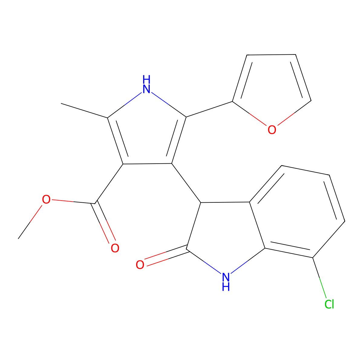 methyl 4-(7-chloro-2-oxo-2,3-dihydro-1H-indol-3-yl)-5-(furan-2-yl)-2-methyl-1H-pyrrole-3-carboxylate molecular structure, CAS 1144490-22-1
