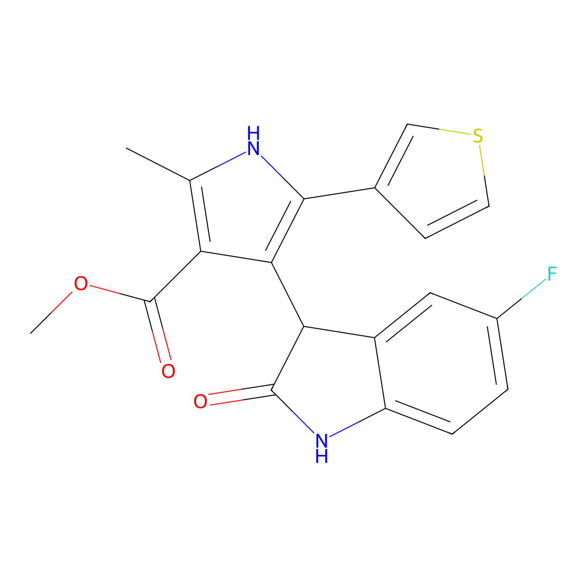 methyl 4-(5-fluoro-2-oxo-2,3-dihydro-1H-indol-3-yl)-2-methyl-5-(3-thienyl)-1H-pyrrole-3-carboxylate molecular structure, CAS 1144490-48-1