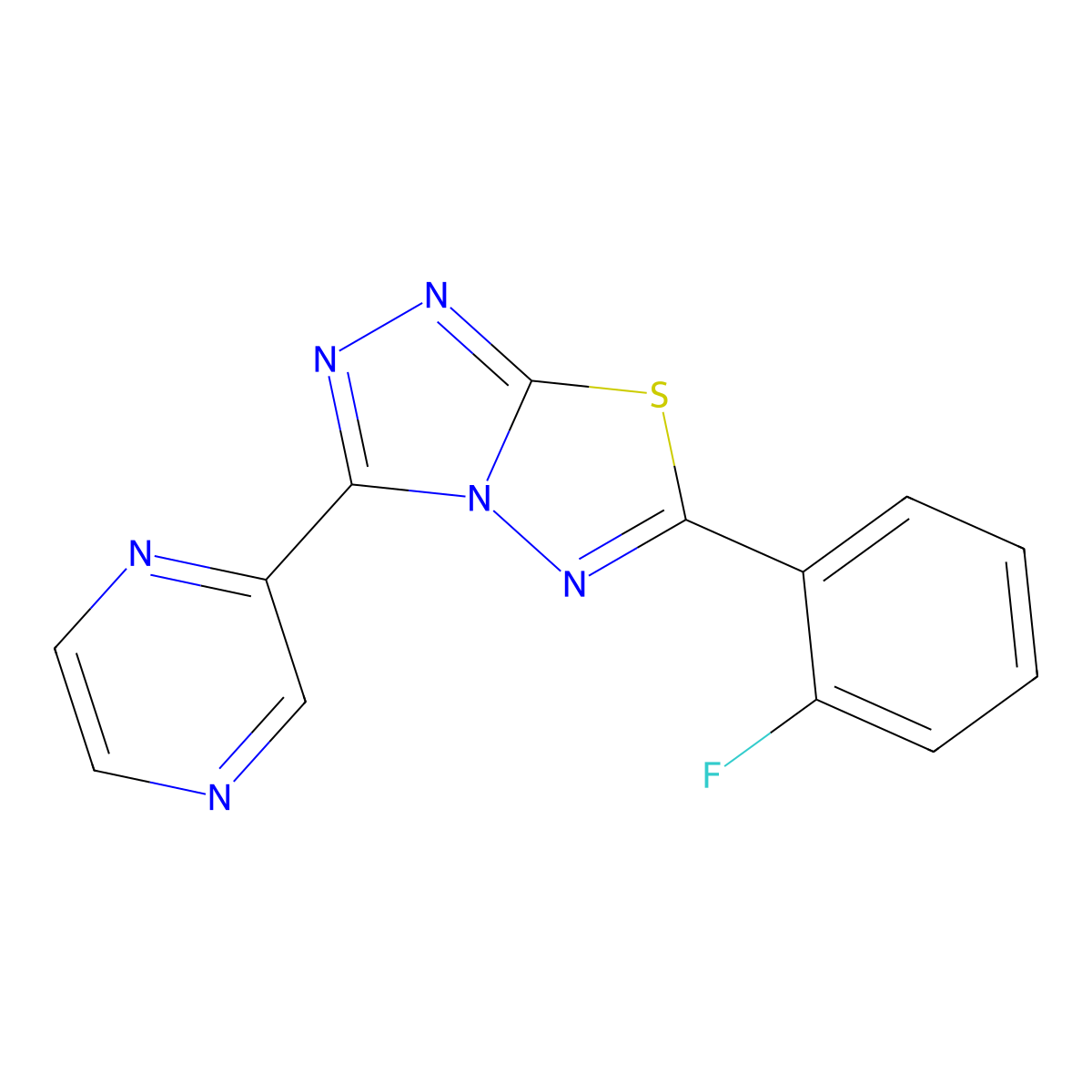 2-[6-(2-Fluorophenyl)-[1,2,4]triazolo[3,4-b][1,3,4]thiadiazol-3-yl]pyrazine molecular structure, CAS 1144491-12-2