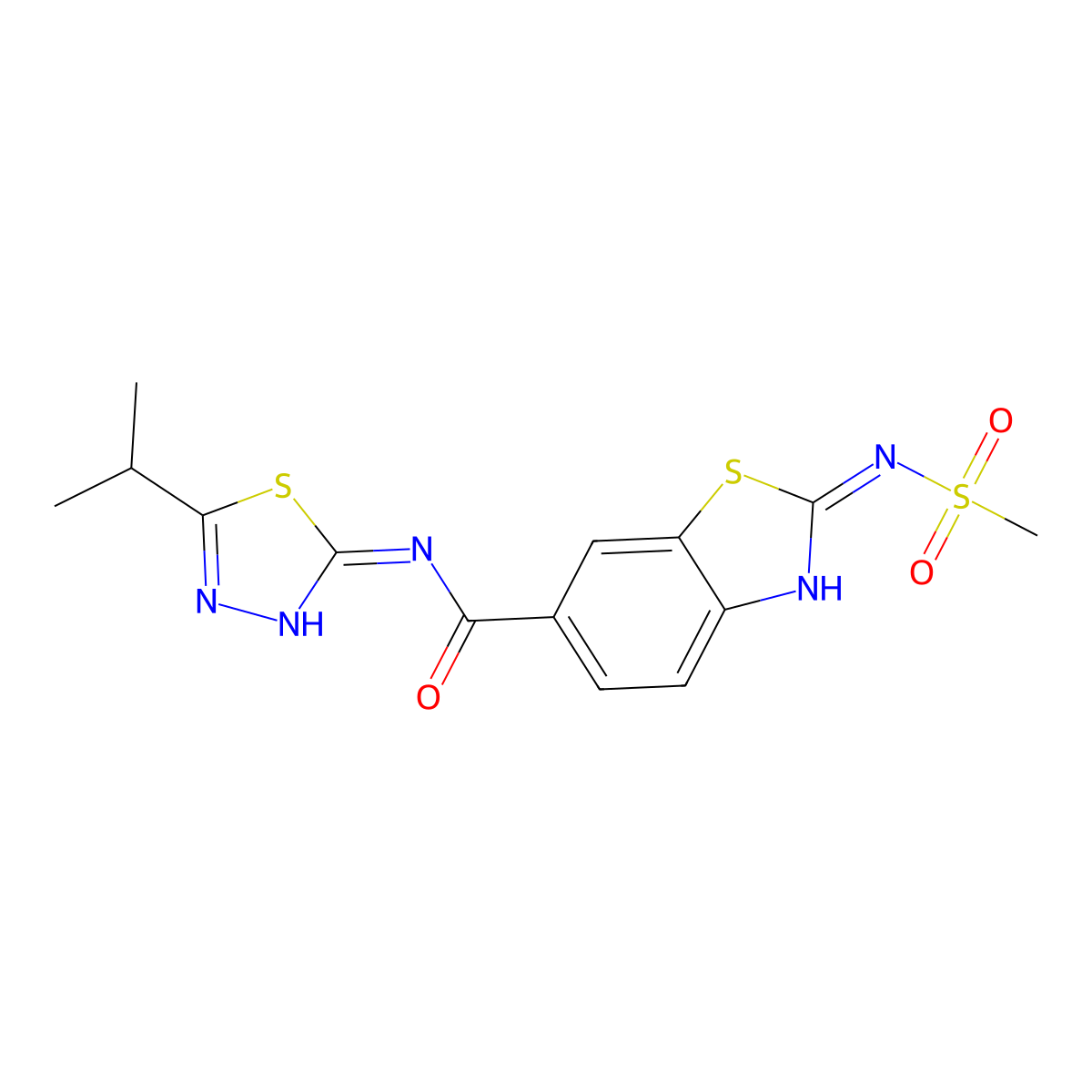 (2E)-2-[(methylsulfonyl)imino]-N-[(2E)-5-(propan-2-yl)-1,3,4-thiadiazol-2(3H)-ylidene]-2,3-dihydro-1,3-benzothiazole-6-carboxamide molecular structure, CAS 1144491-17-7