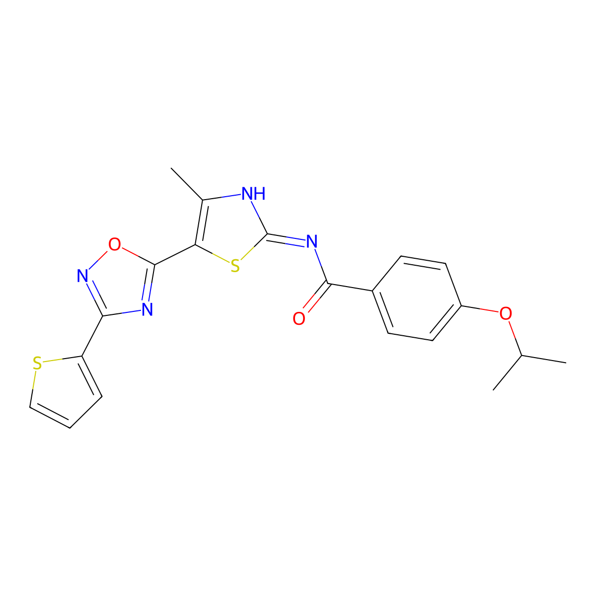 N-[(2Z)-4-methyl-5-[3-(thiophen-2-yl)-1,2,4-oxadiazol-5-yl]-1,3-thiazol-2(3H)-ylidene]-4-(propan-2-yloxy)benzamide molecular structure, CAS 1144491-50-8
