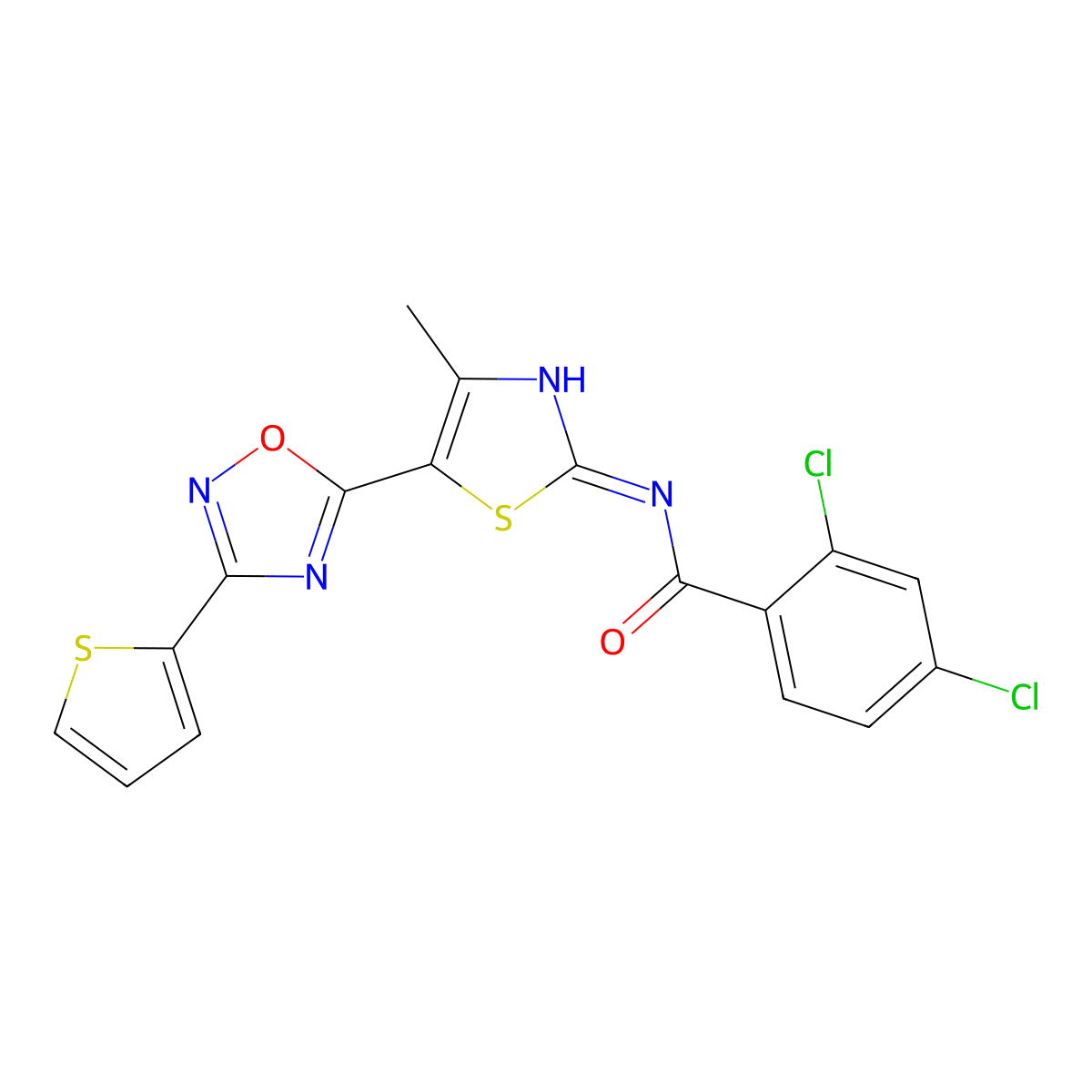 2,4-dichloro-N-[(2Z)-4-methyl-5-[3-(thiophen-2-yl)-1,2,4-oxadiazol-5-yl]-1,3-thiazol-2(3H)-ylidene]benzamide molecular structure, CAS 1144491-73-5