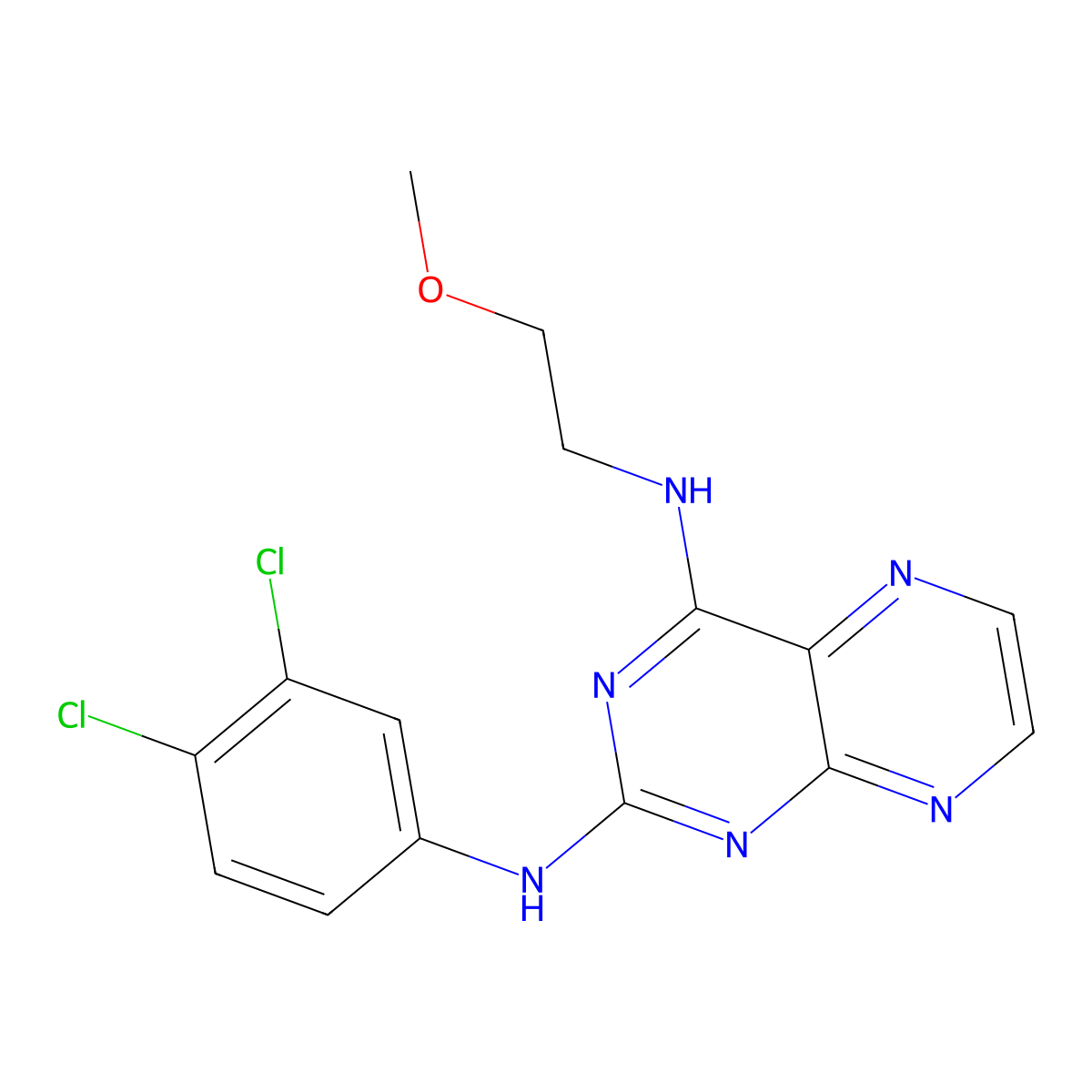 N2-(3,4-dichlorophenyl)-N4-(2-methoxyethyl)pteridine-2,4-diamine molecular structure, CAS 1144492-25-0