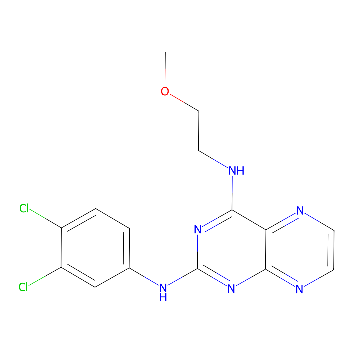 N2-(3,4-dichlorophenyl)-N4-(2-methoxyethyl)pteridine-2,4-diamine molecular structure, CAS 1144492-25-0