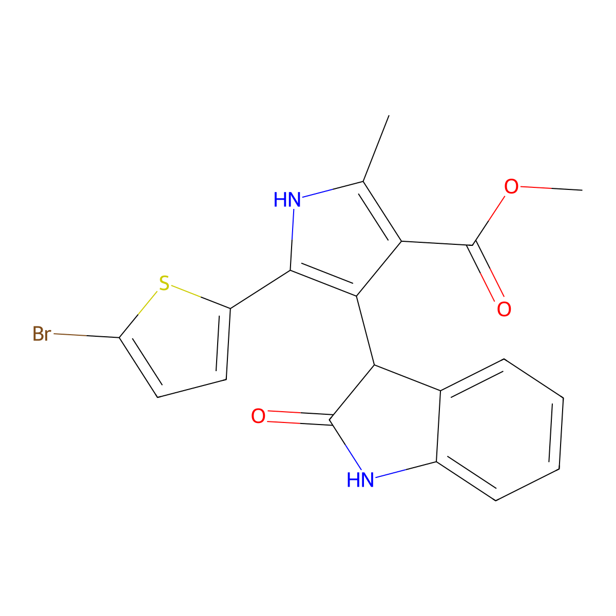 methyl 5-(5-bromothiophen-2-yl)-2-methyl-4-(2-oxo-2,3-dihydro-1H-indol-3-yl)-1H-pyrrole-3-carboxylate molecular structure, CAS 1144493-60-6