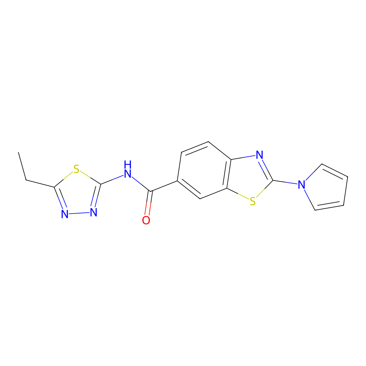 N-[(2E)-5-ethyl-1,3,4-thiadiazol-2(3H)-ylidene]-2-(1H-pyrrol-1-yl)-1,3-benzothiazole-6-carboxamide molecular structure, CAS 1144493-74-2