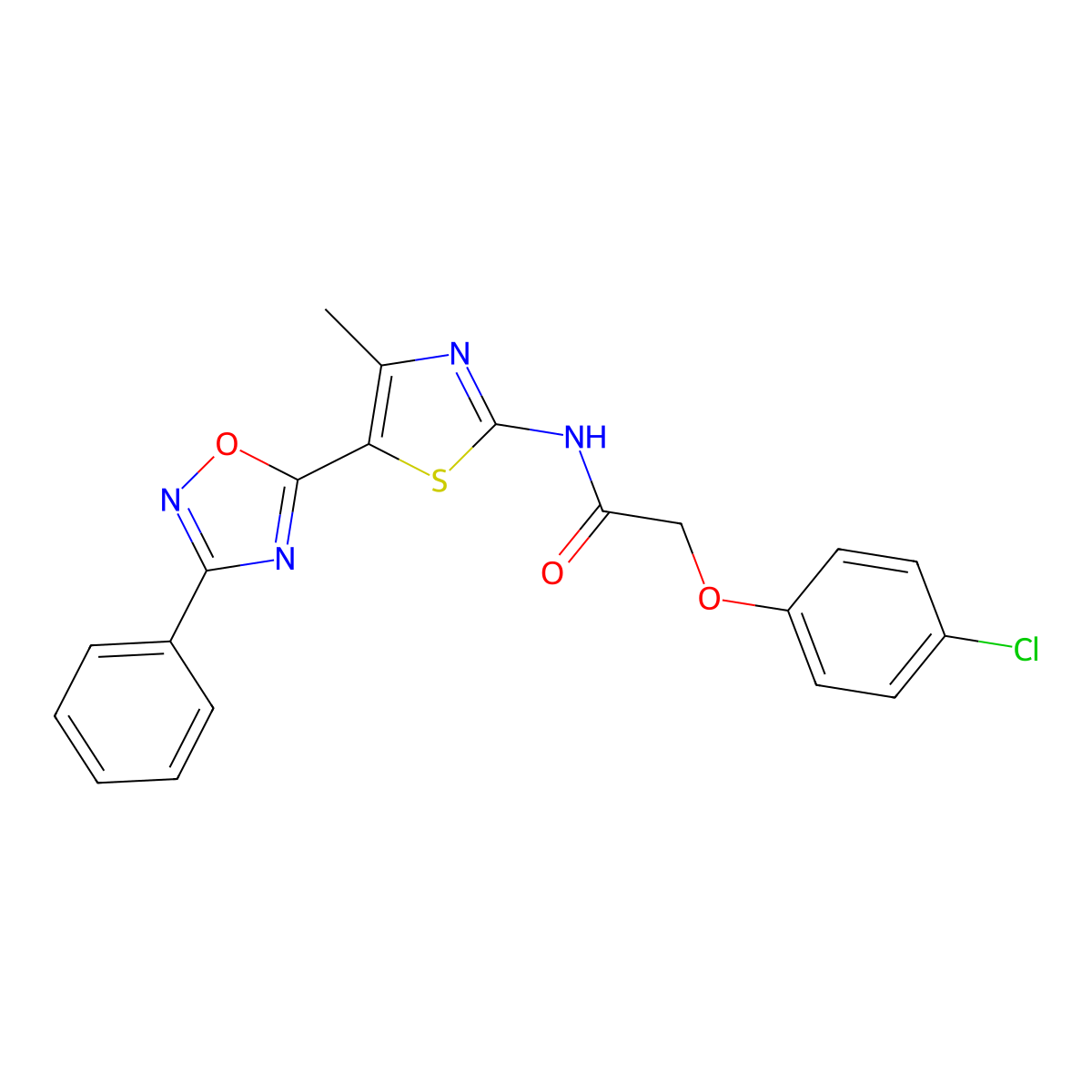 2-(4-chlorophenoxy)-N-[(2E)-4-methyl-5-(3-phenyl-1,2,4-oxadiazol-5-yl)-1,3-thiazol-2(3H)-ylidene]acetamide molecular structure, CAS 1144494-59-6