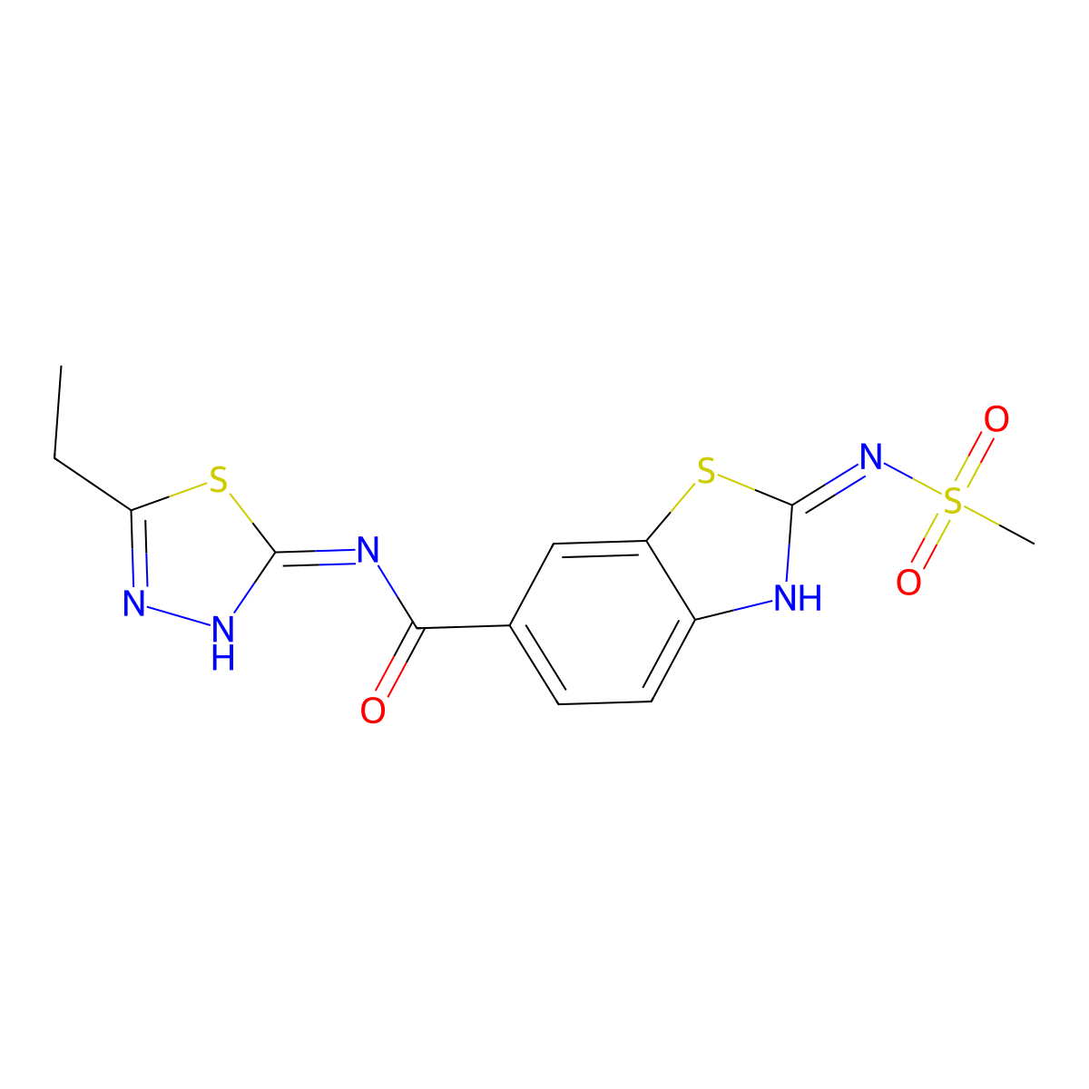 (2E)-N-[(2E)-5-ethyl-1,3,4-thiadiazol-2(3H)-ylidene]-2-[(methylsulfonyl)imino]-2,3-dihydro-1,3-benzothiazole-6-carboxamide molecular structure, CAS 1144496-10-5