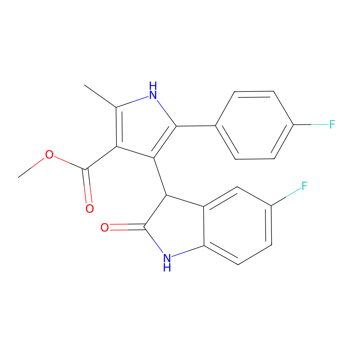methyl 4-(5-fluoro-2-oxo-2,3-dihydro-1H-indol-3-yl)-5-(4-fluorophenyl)-2-methyl-1H-pyrrole-3-carboxylate molecular structure, CAS 1144496-73-0